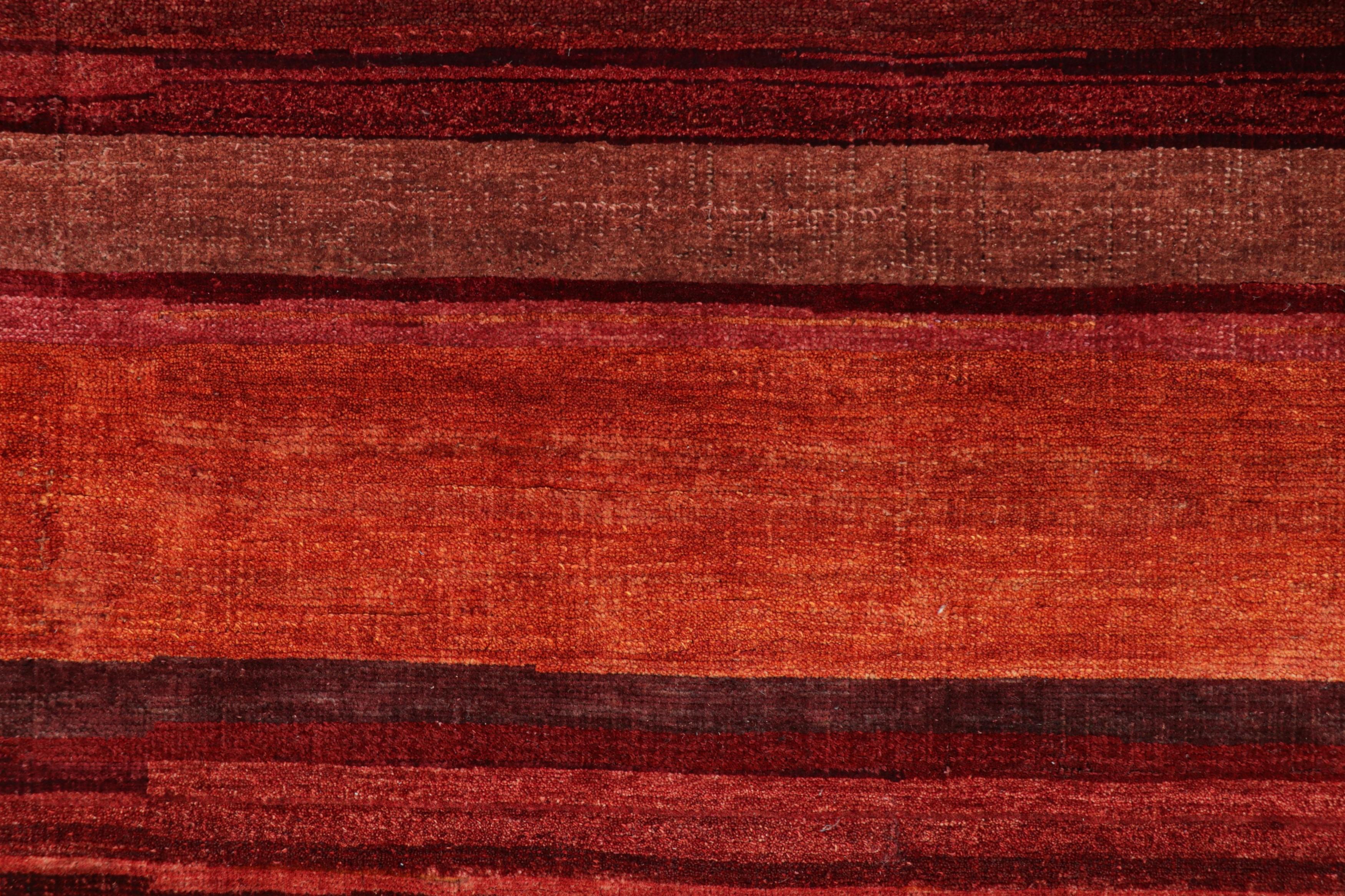 Modern Rug & Kilim’s Textural Rug In Red, Pink and Orange Stripes and Striae For Sale