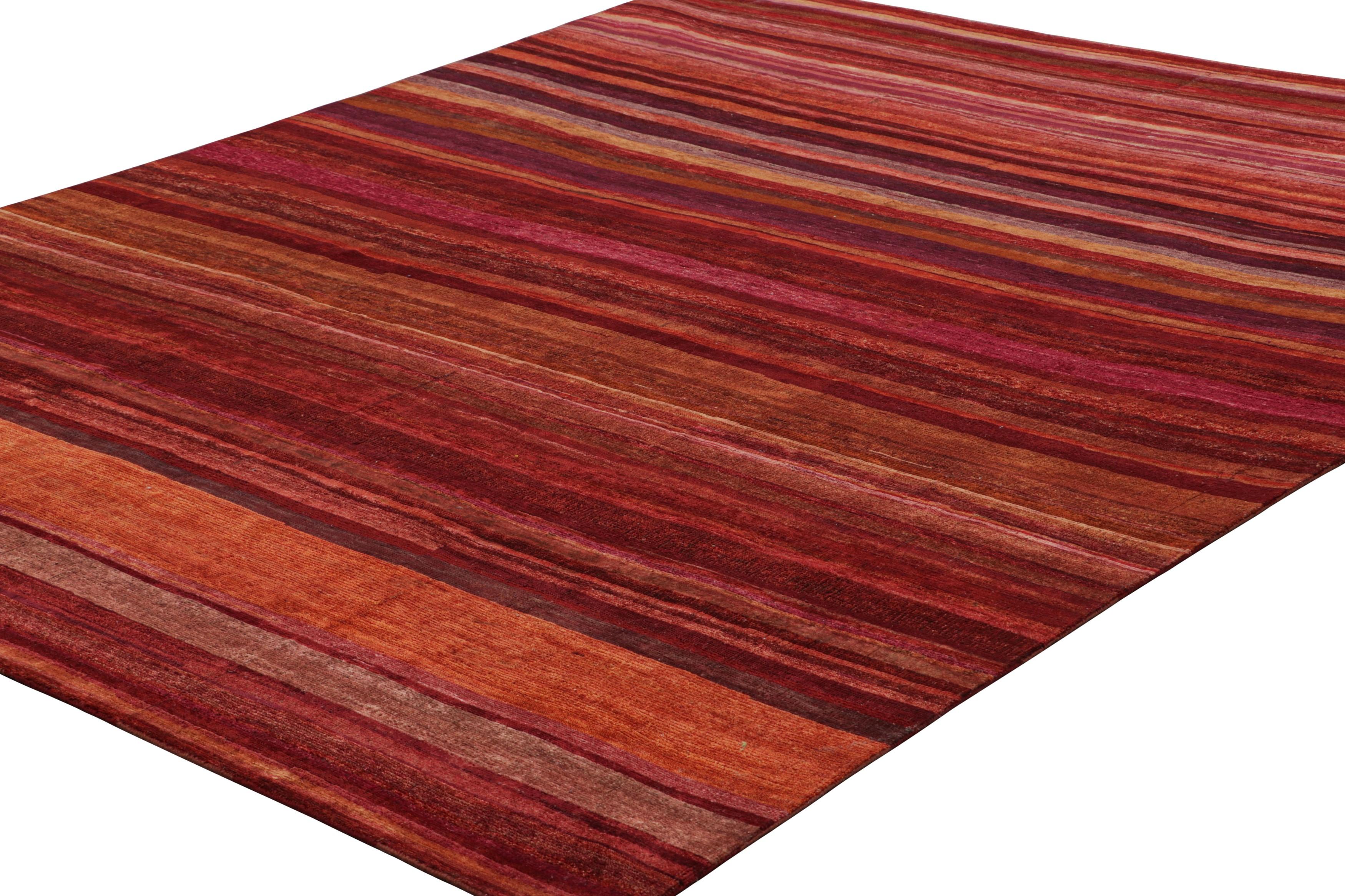 Indian Rug & Kilim’s Textural Rug In Red, Pink and Orange Stripes and Striae For Sale