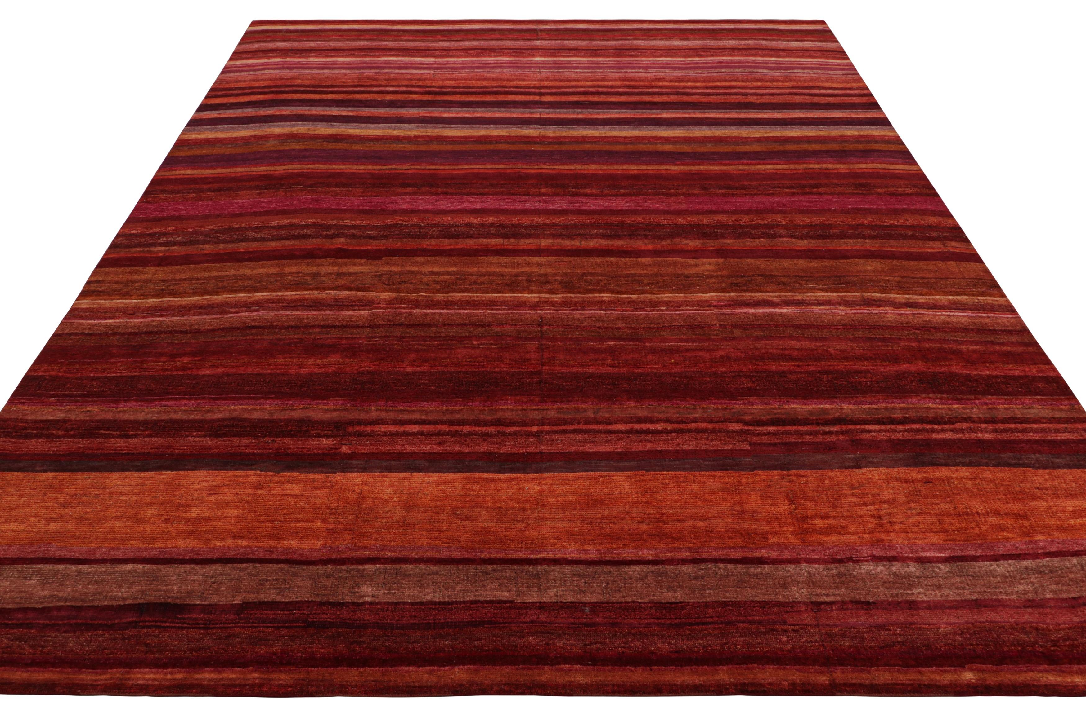 Hand-Knotted Rug & Kilim’s Textural Rug In Red, Pink and Orange Stripes and Striae For Sale