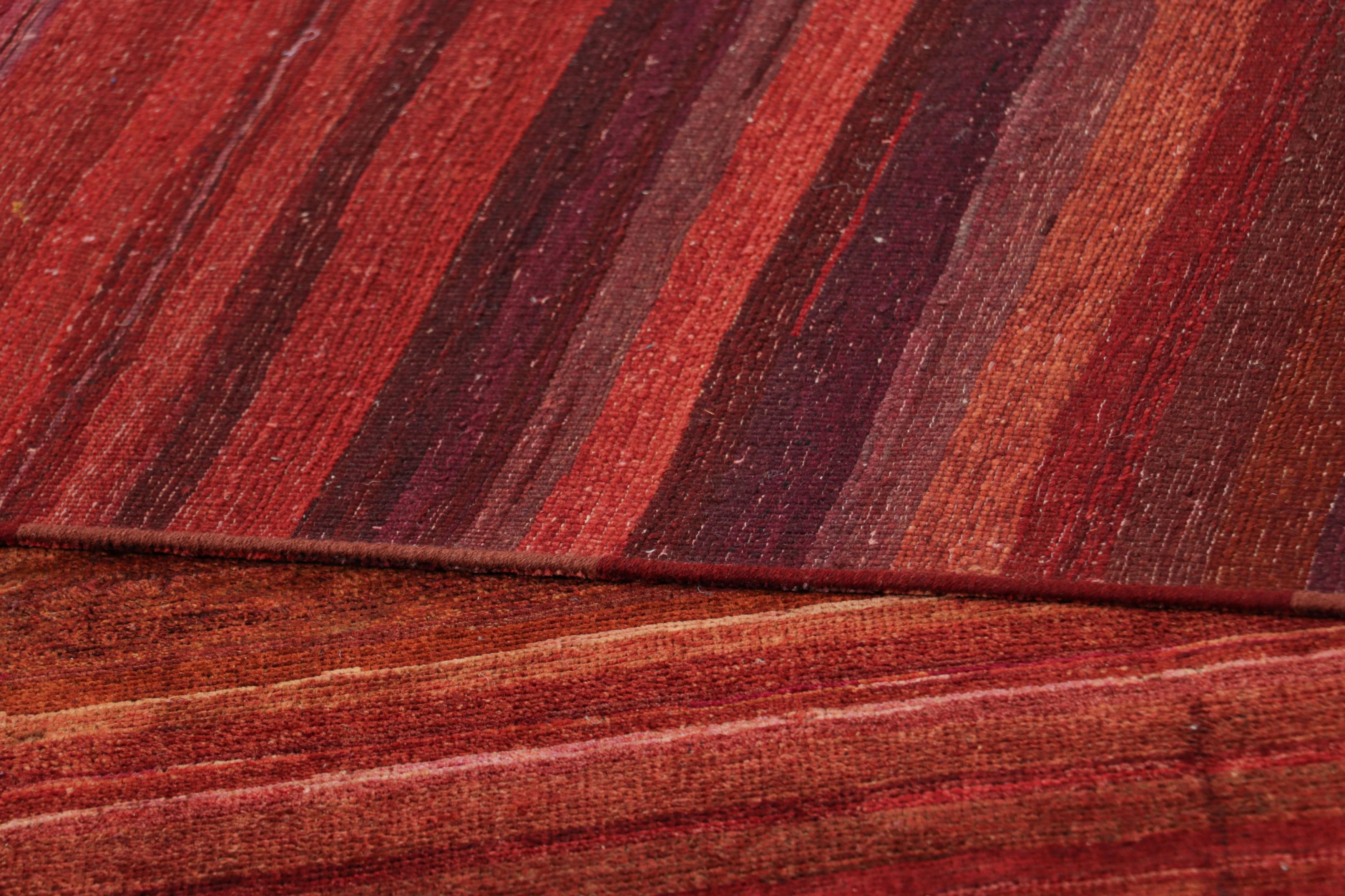 Contemporary Rug & Kilim’s Textural Rug In Red, Pink and Orange Stripes and Striae For Sale