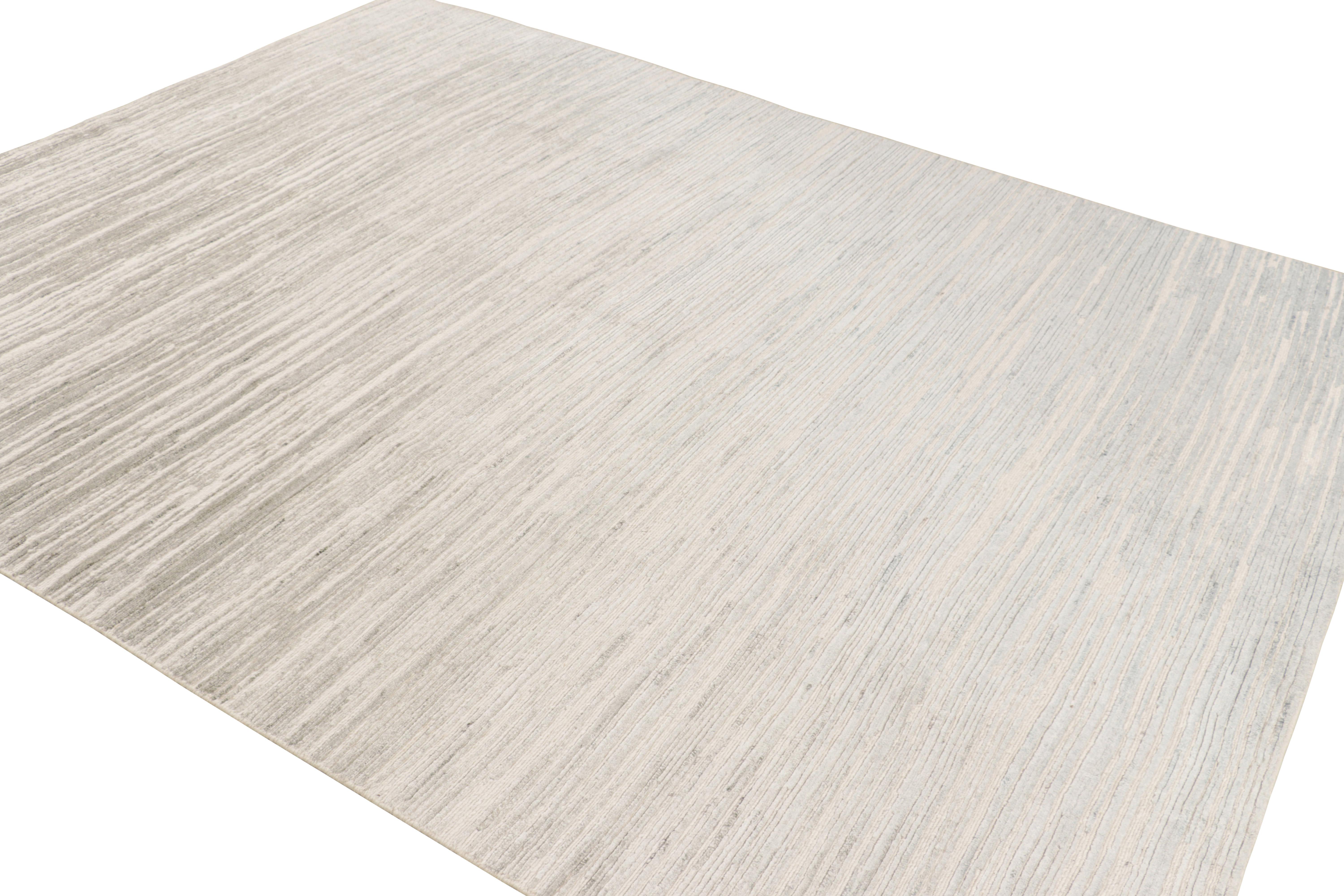 Indian Rug & Kilim’s Textural Rug in White and Cream-Gray Abstract High-Low Stripes For Sale