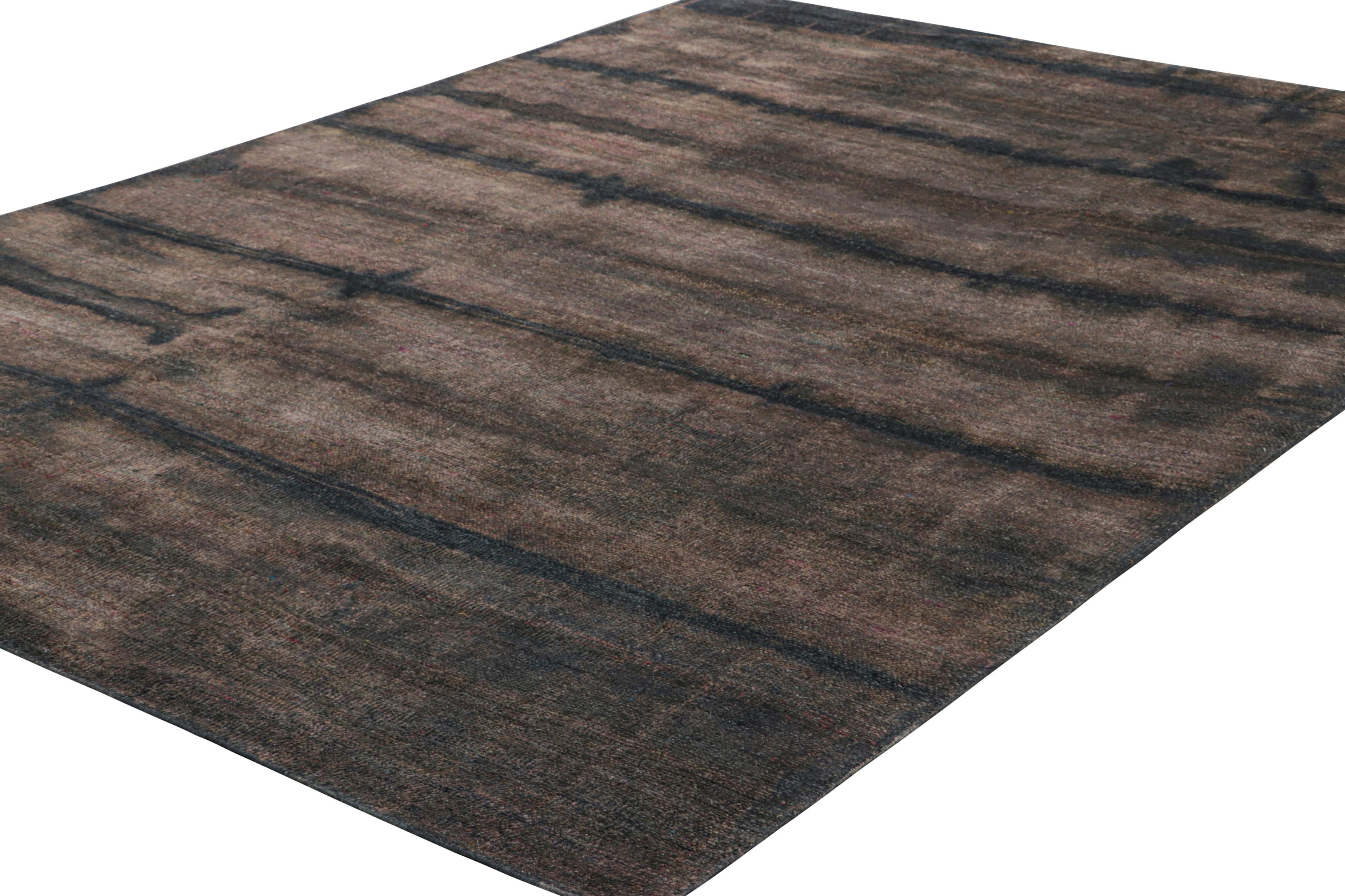Indiano Rug & Kilim’s Textural Rug with Mauve, Beige-Brown and Black Stripes and Striae in vendita
