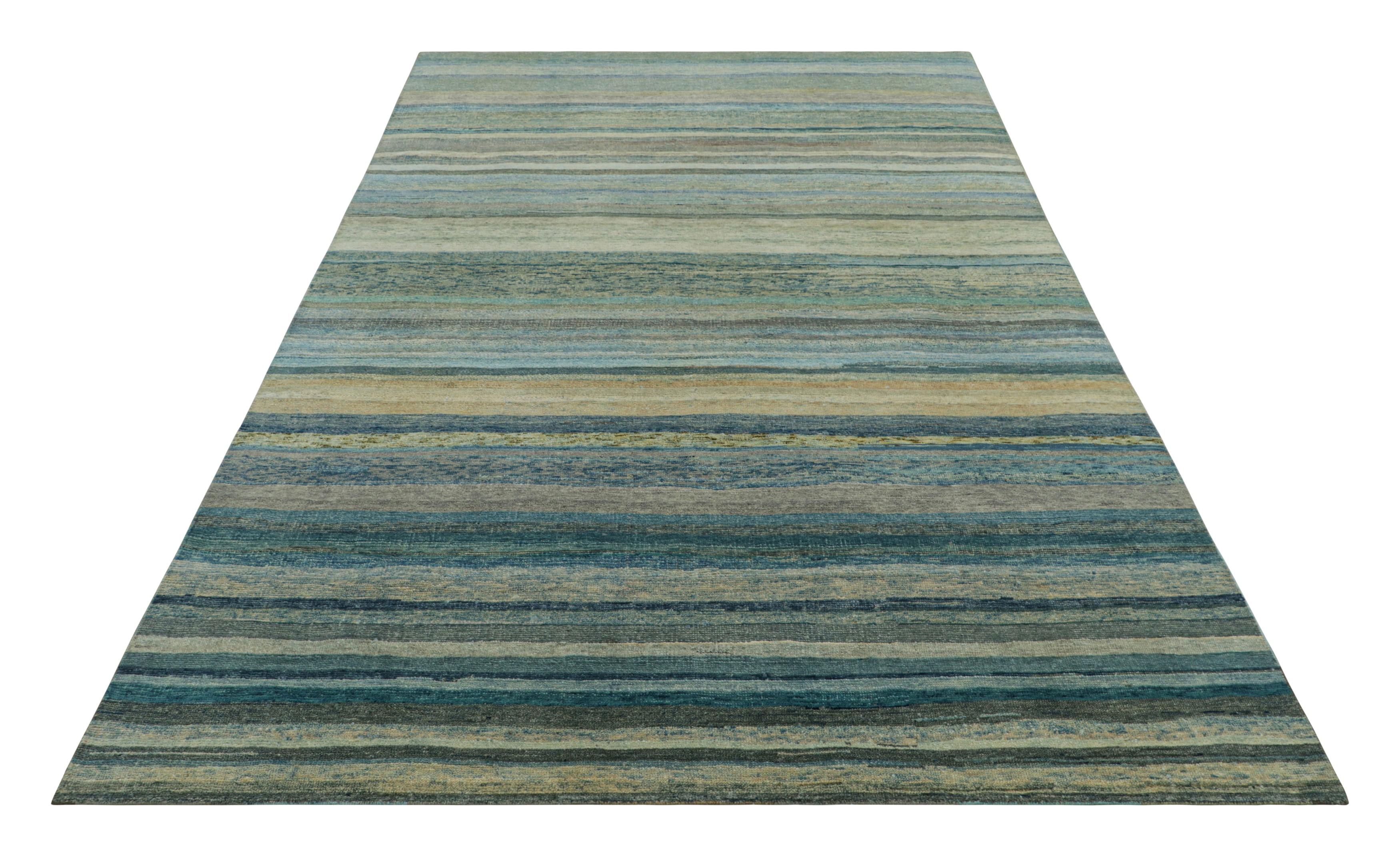 Rug & Kilim's Strukturteppich mit Streifen und Striae in Teal und Light Blue Tönen (Handgeknüpft) im Angebot