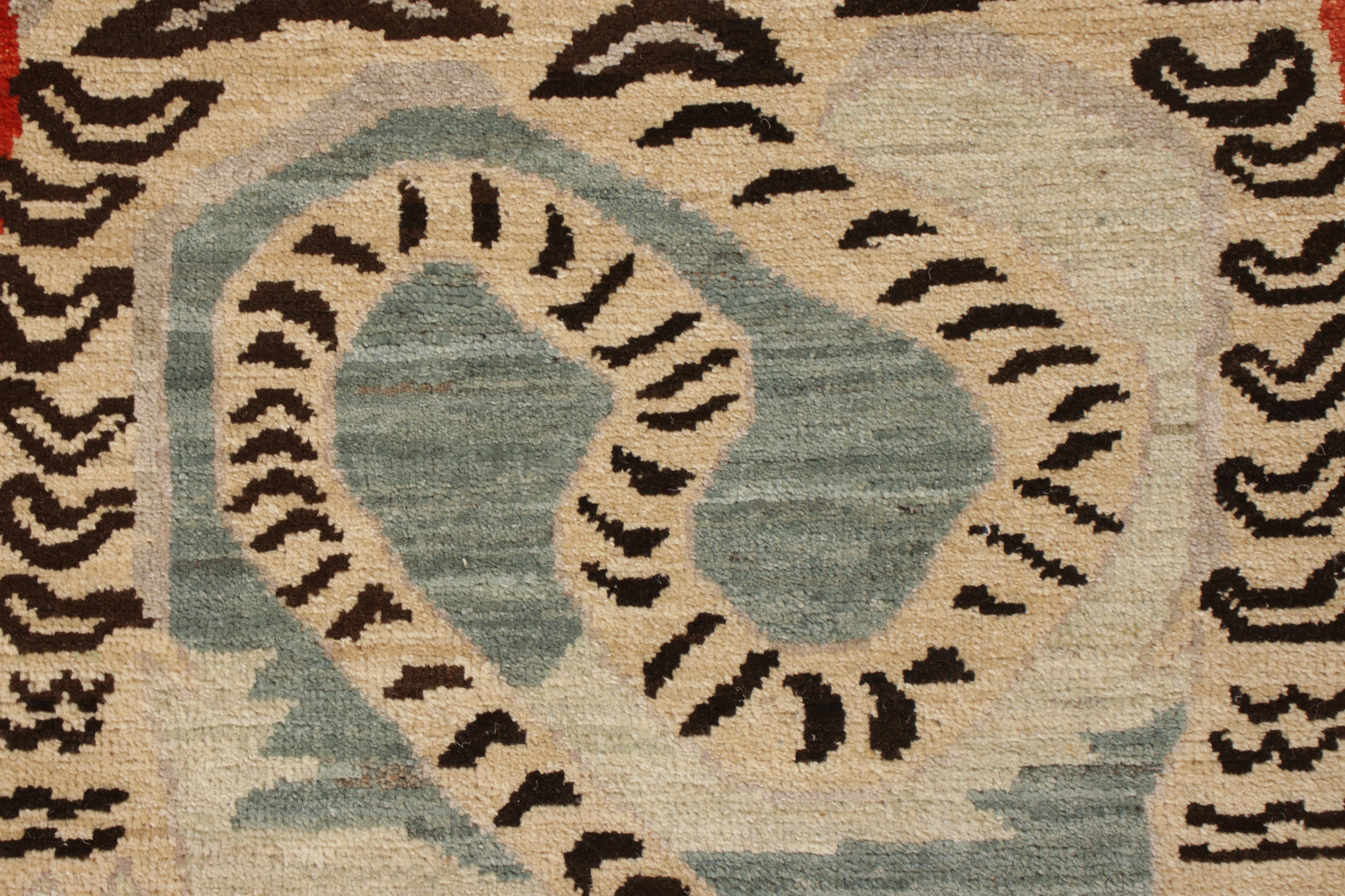 Modern Rug & Kilim’s Tibetan Style Tiger Rug in Beige Brown Pictorial Pattern
