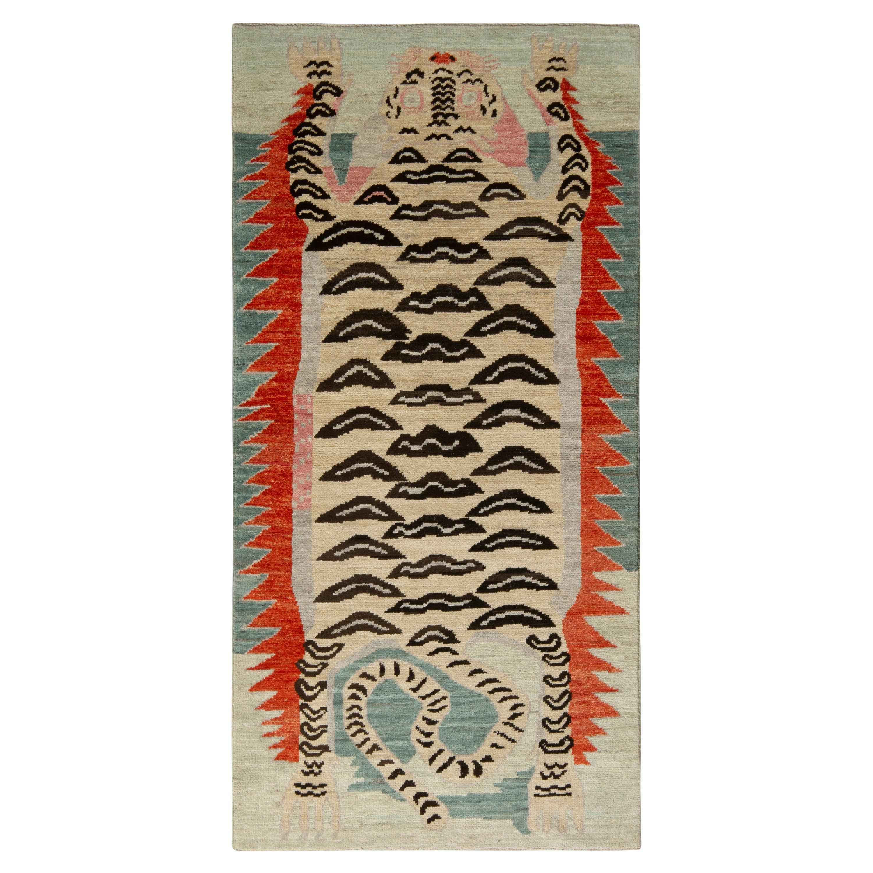 Rug & Kilim’s Tibetan Style Tiger Rug in Beige Brown Pictorial Pattern
