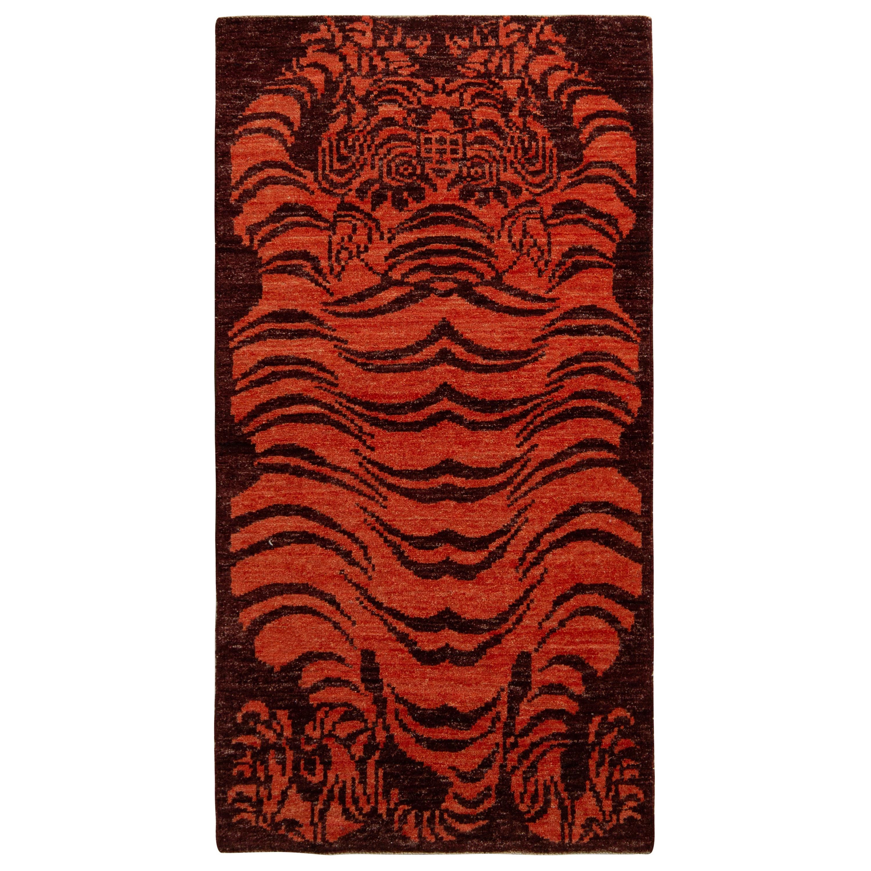 Rug & Kilim’s Tibetan Style Tiger Rug in Orange and Burgundy All Over Pattern