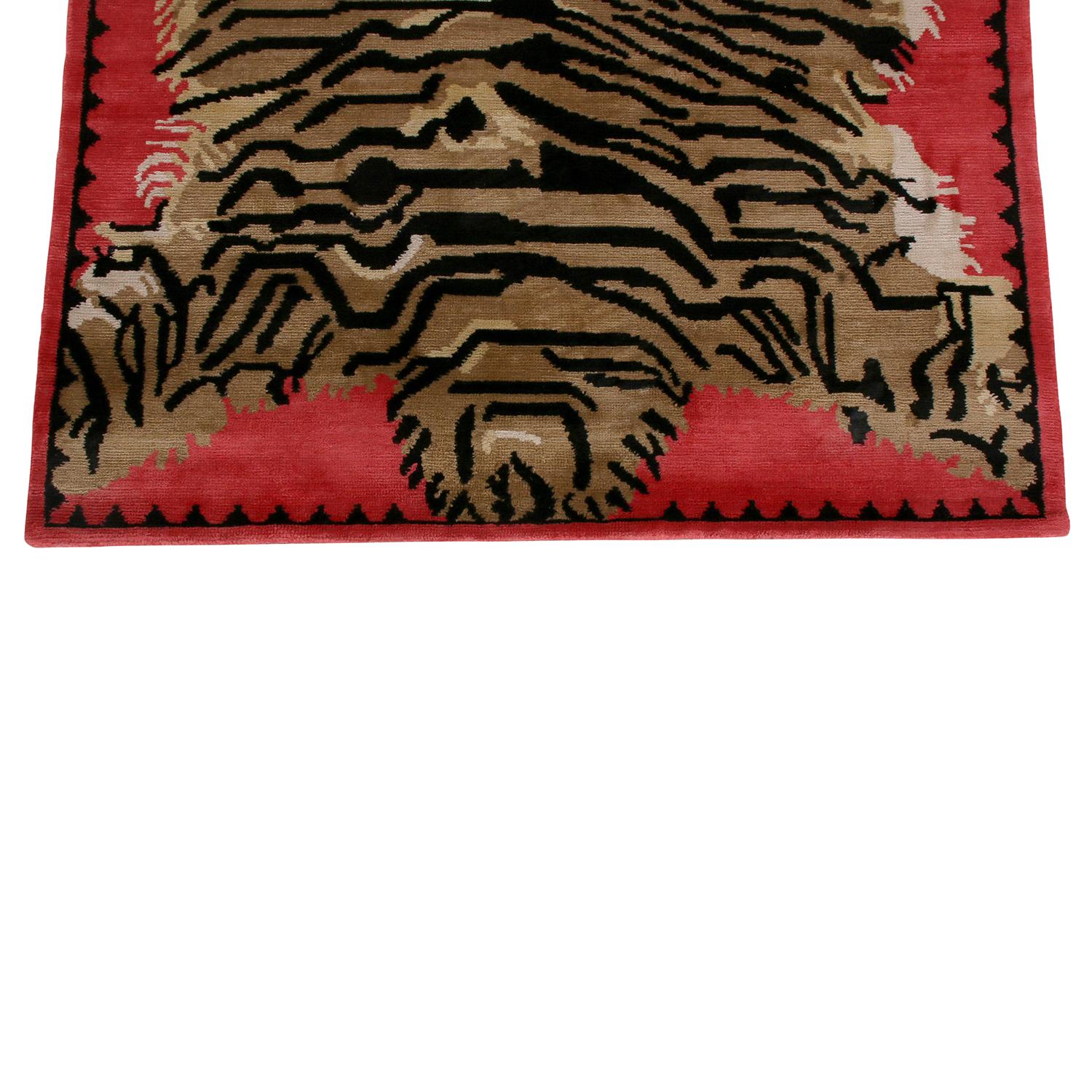 Hand-Knotted Rug & Kilim’s Tiger Pictorial Red Orange and Black Wool and Silk Rug