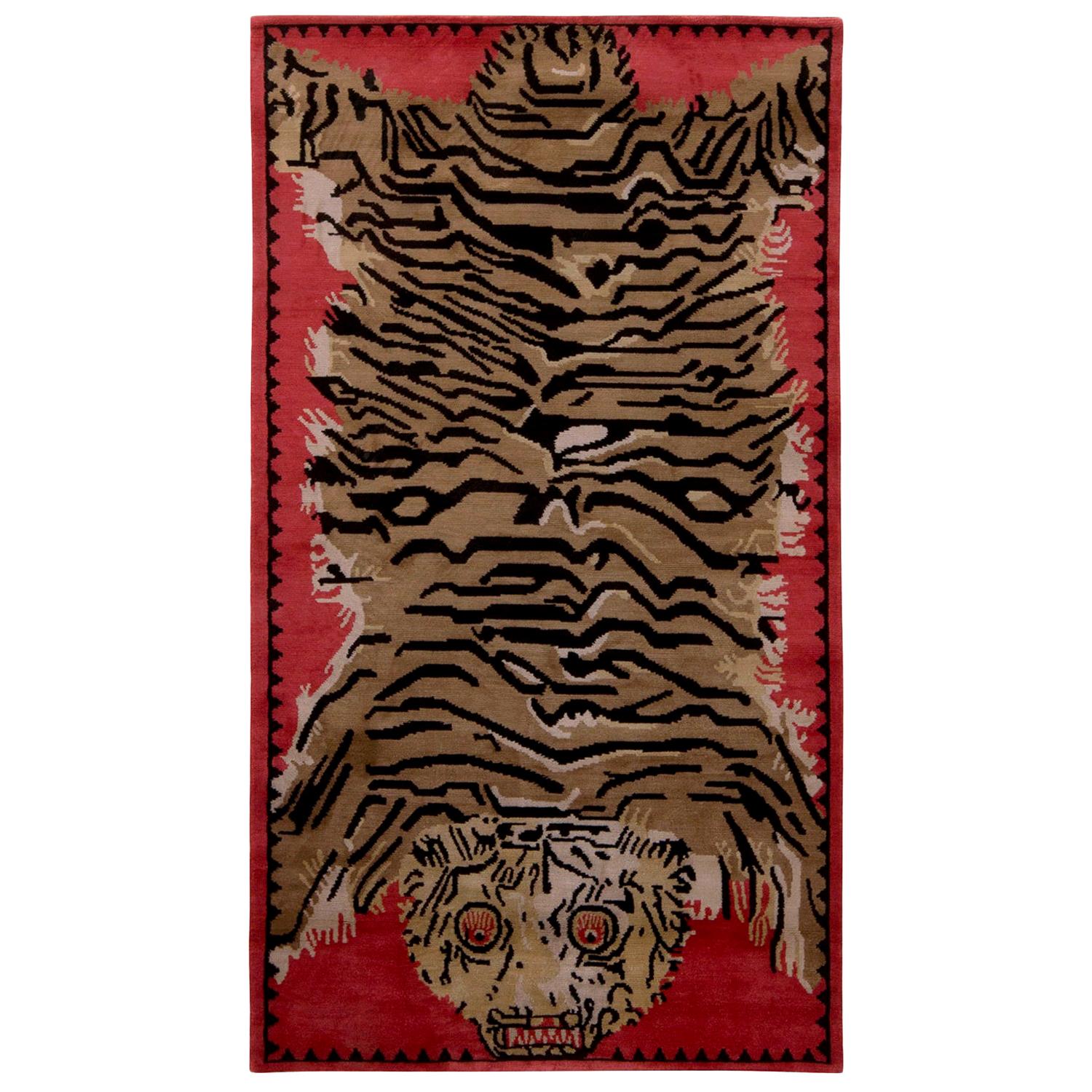 Rug & Kilim’s Tiger Pictorial Red Orange and Black Wool and Silk Rug