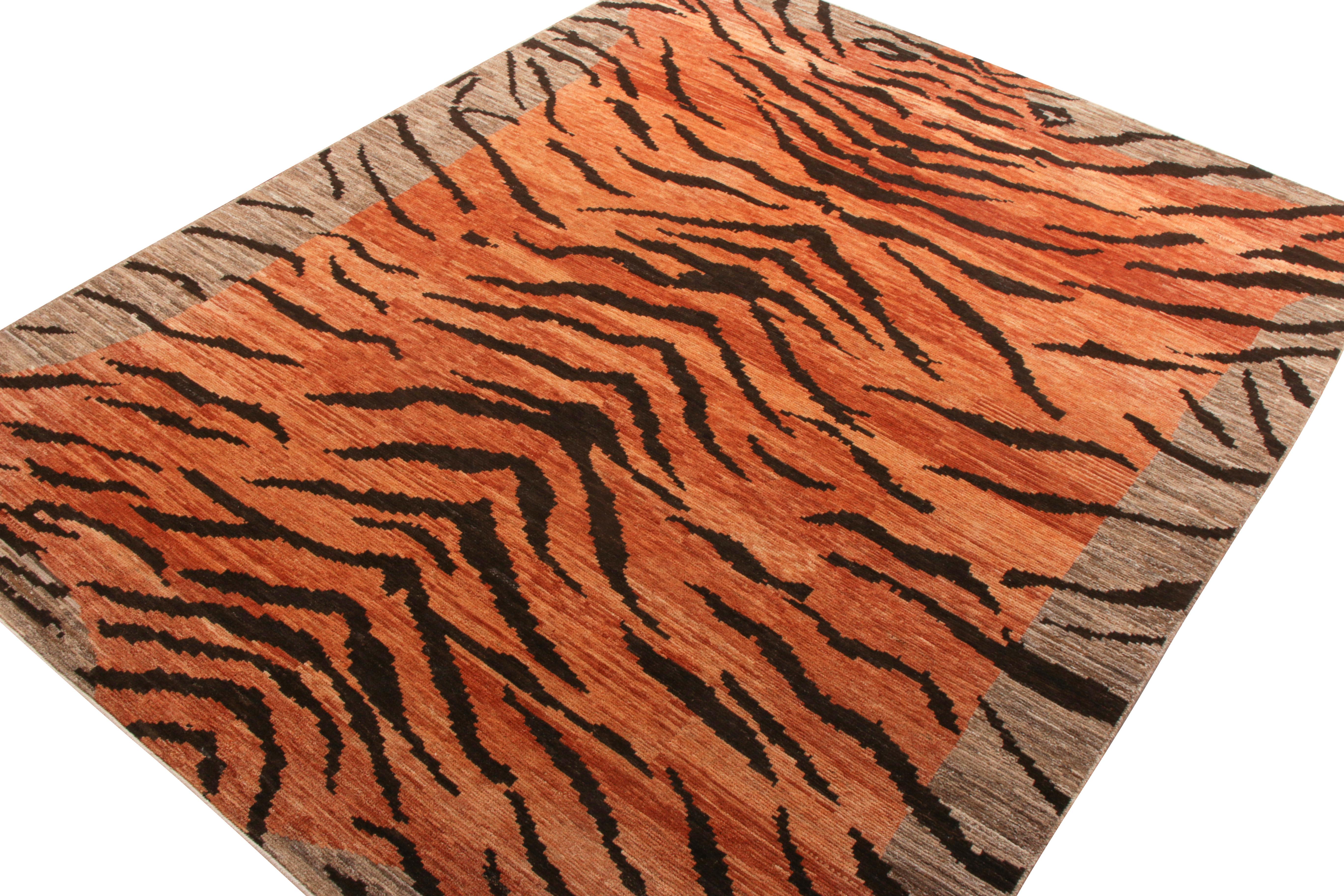 Tribal Rug & Kilim’s Tiger Rug in Orange, Beige-Brown and Black Pelt Pattern For Sale