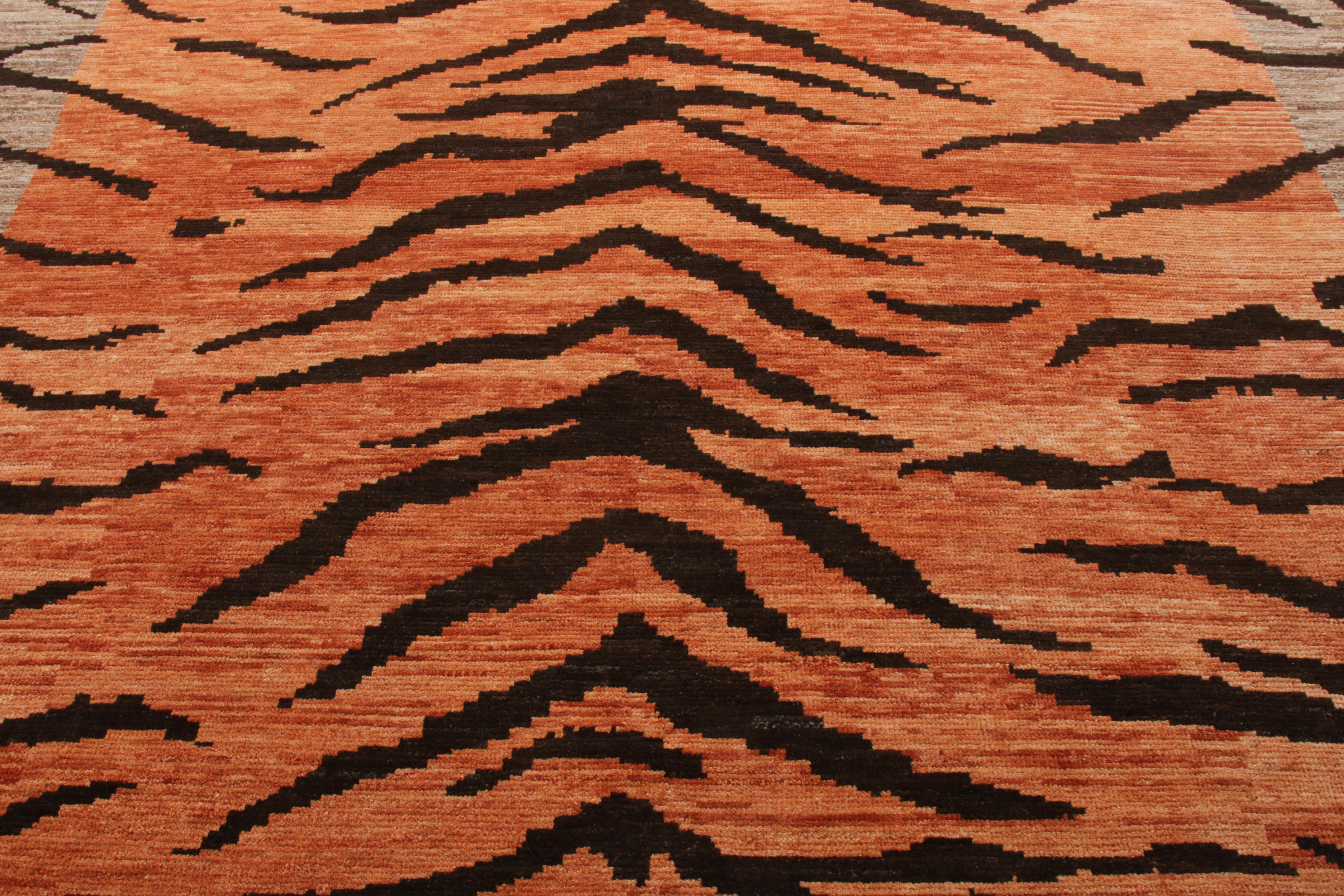 Hand-Knotted Rug & Kilim’s Tiger Rug in Orange, Beige-Brown and Black Pelt Pattern For Sale