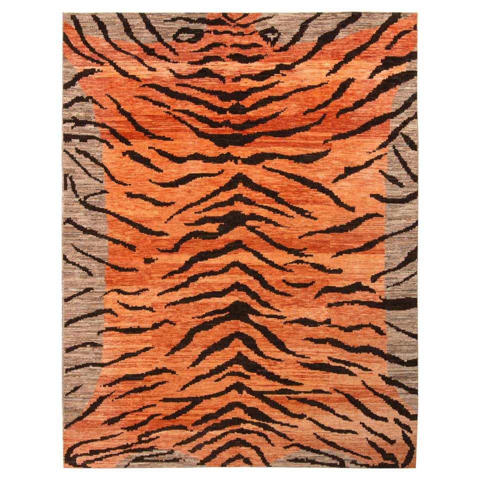Rug and Kilim’s Custom Tiger Rug in Blue, Orange Pictorial Pelt Pattern ...