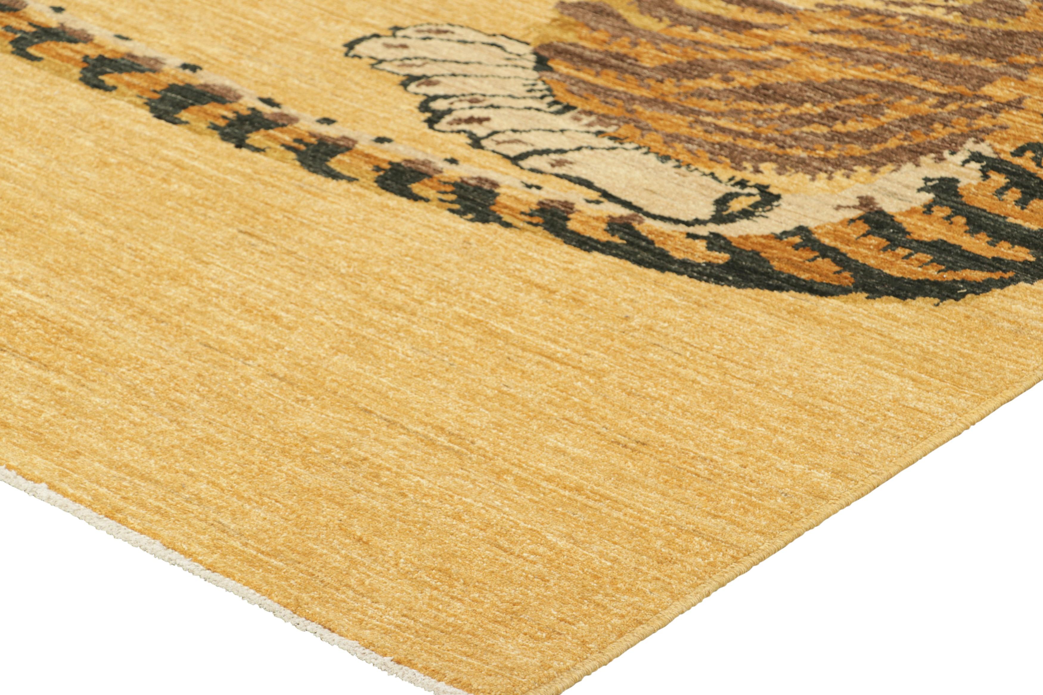 Hand-knotted in wool, this 6x10 modern tiger pictorial rug is a bold addition to the Rug & Kilim Tiger rugs line of their Modern Classics Collection. 

On the Design: 

This particular rug features a reinterpretation of traditional Korean folk art