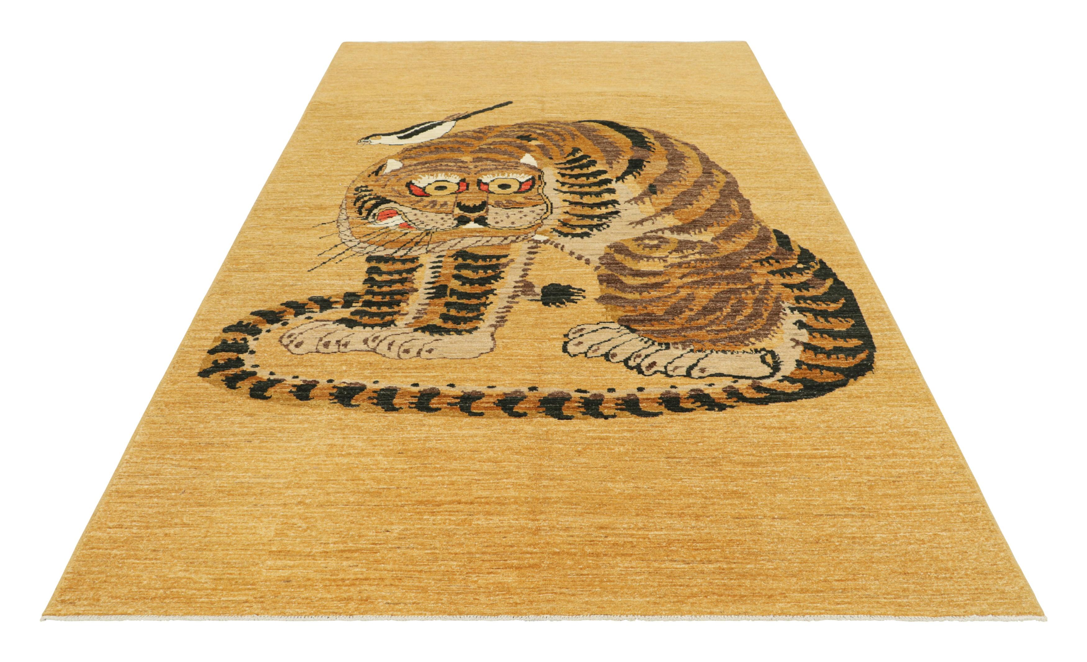 Hand-Knotted Rug & Kilim’s Contemporary Tiger Pictorial Rug in Gold, Brown and Black Tones For Sale