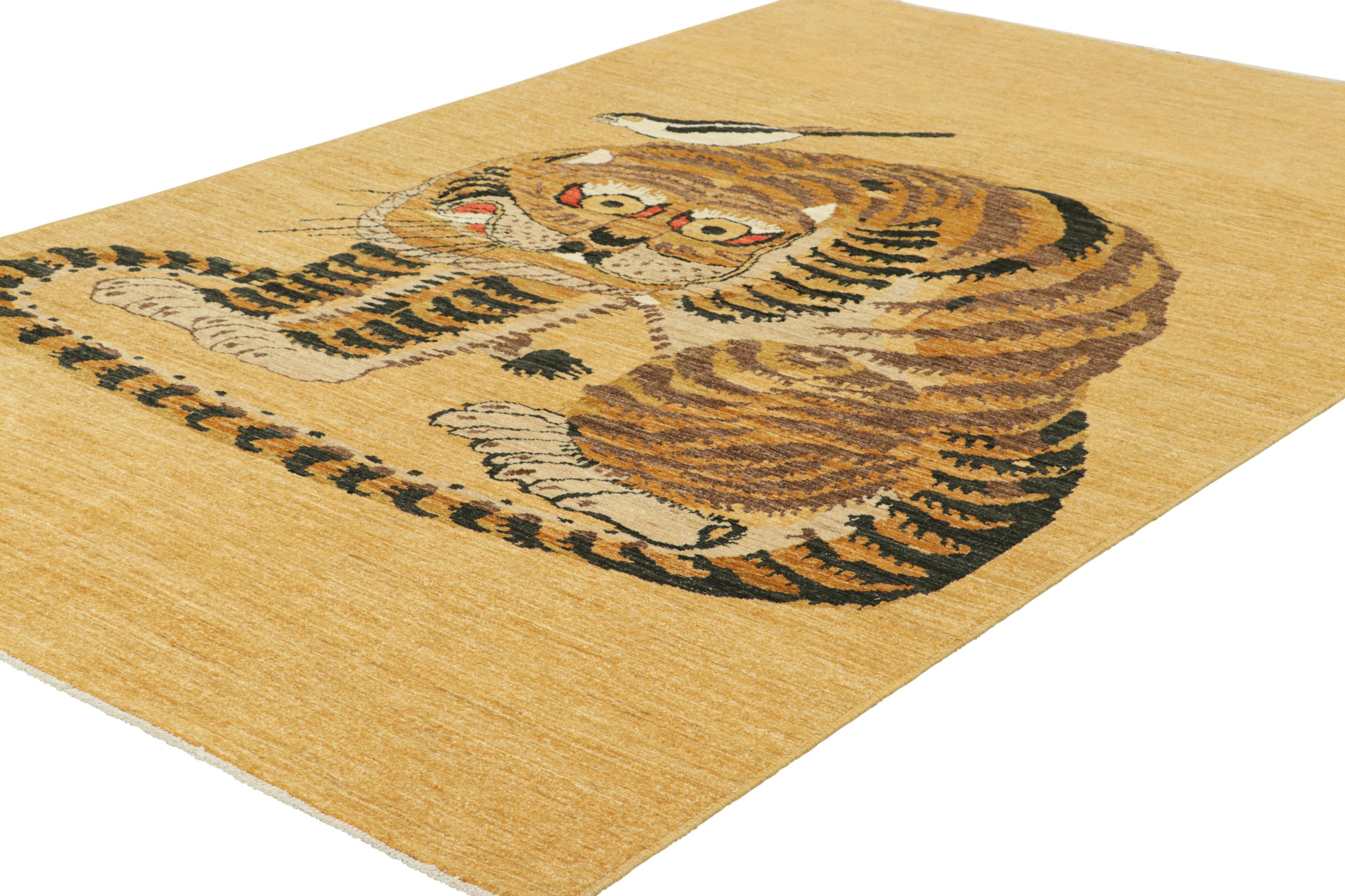 Afghan Rug & Kilim’s Contemporary Tiger Pictorial Rug in Gold, Brown and Black Tones For Sale