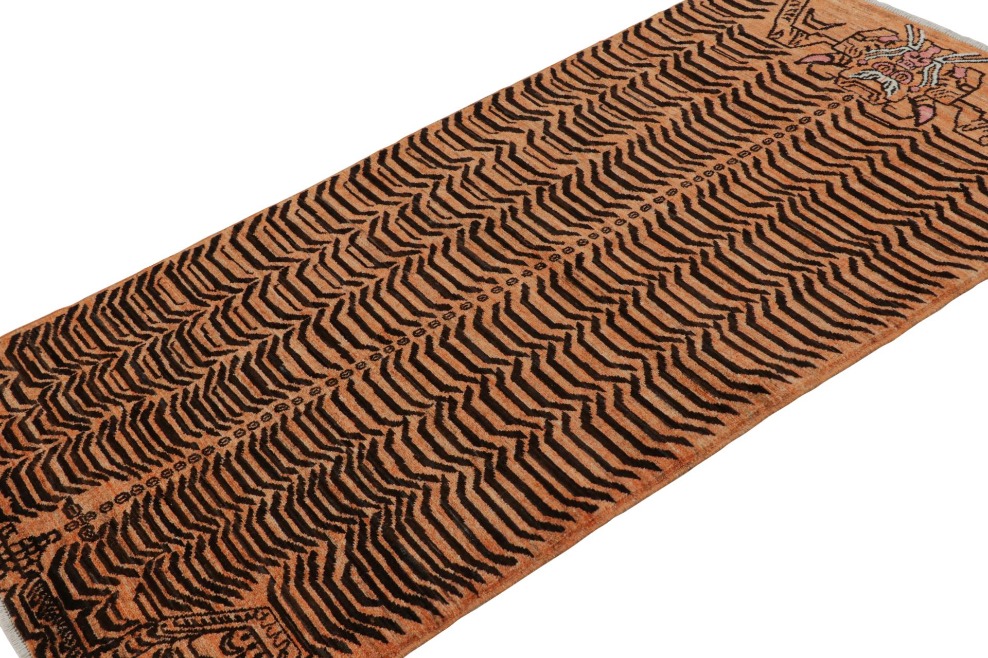 Hand-knotted in wool, this 3x6 modern runner from our Tiger rug line in Homage collection, celebrates one of the most rare and treasured pictorial animal rug styles in history. 

On the Design: 

This geometric pictorial piece joins the latest