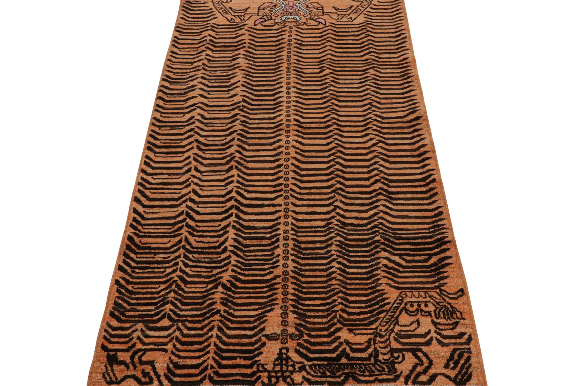 Afghan Rug & Kilim’s Tiger Runner Rug in Orange with Brown Geometric Patterns For Sale