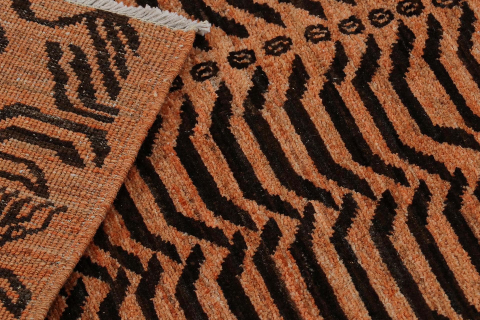 Wool Rug & Kilim’s Tiger Runner Rug in Orange with Brown Geometric Patterns For Sale