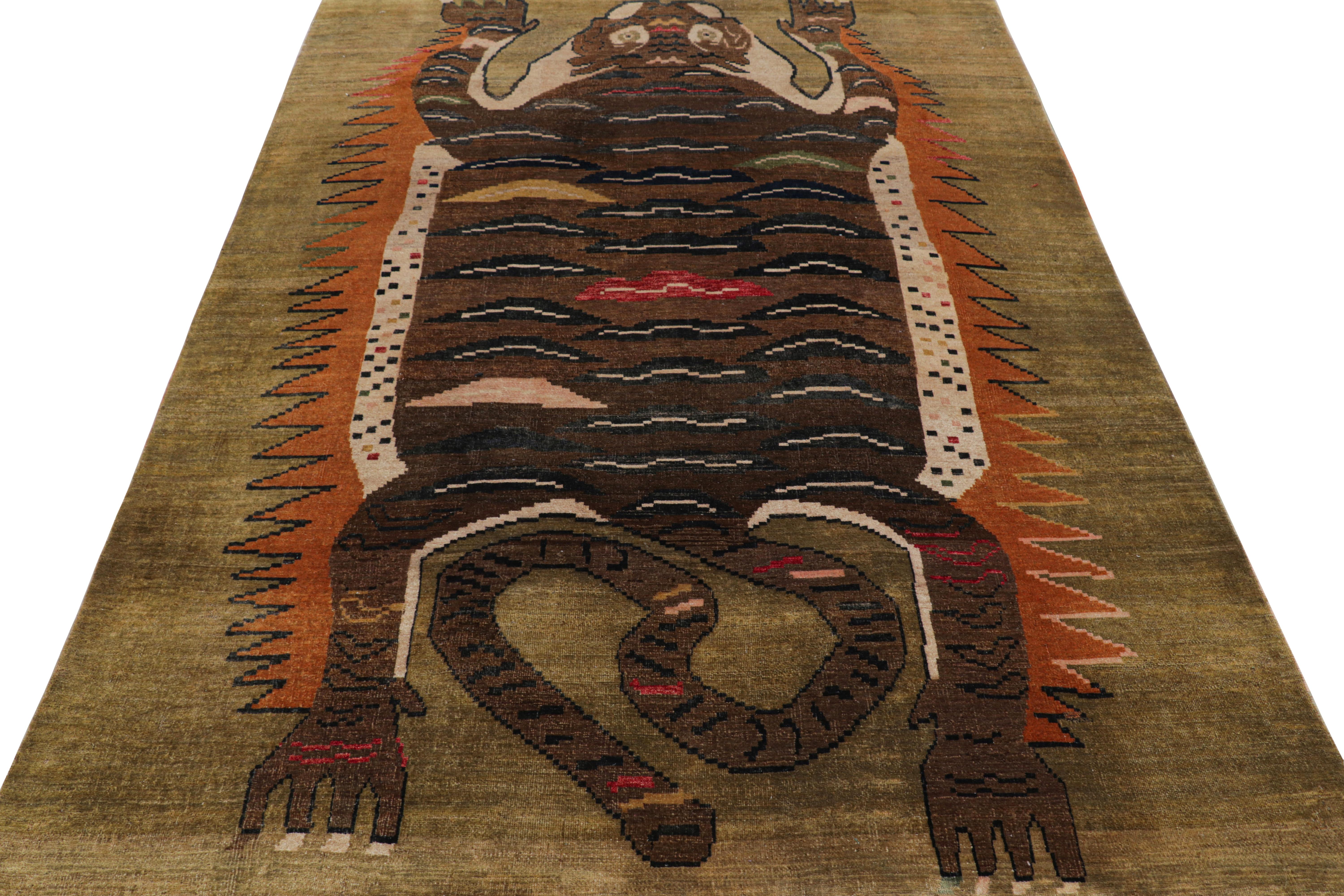 Hand-Knotted Rug & Kilim’s Tiger Skin Rug in Beige with Black and Brown Pictorial For Sale