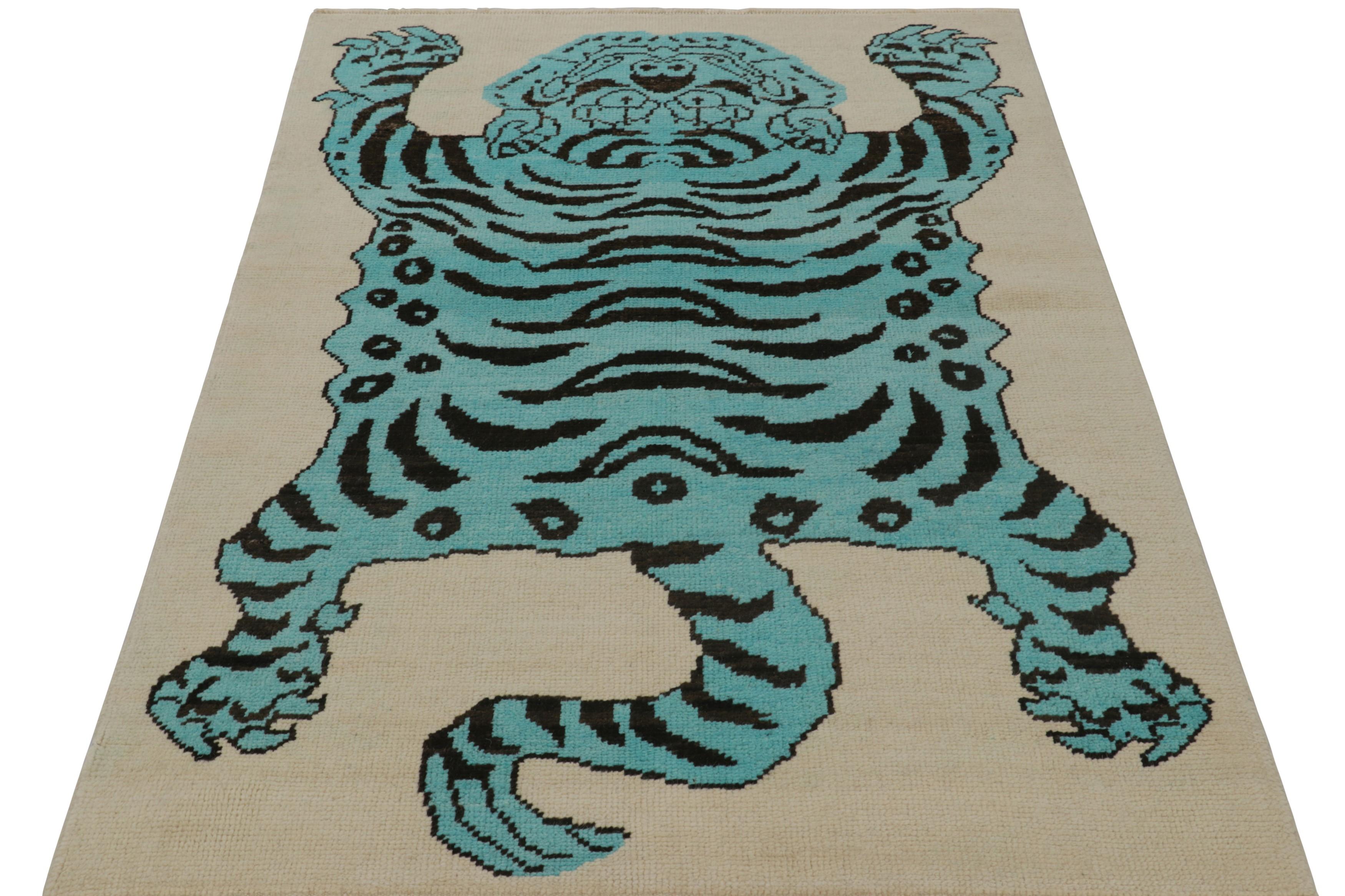 Turkish Rug & Kilim’s Tiger Skin Rug in Beige with Blue and Black Pictorial For Sale