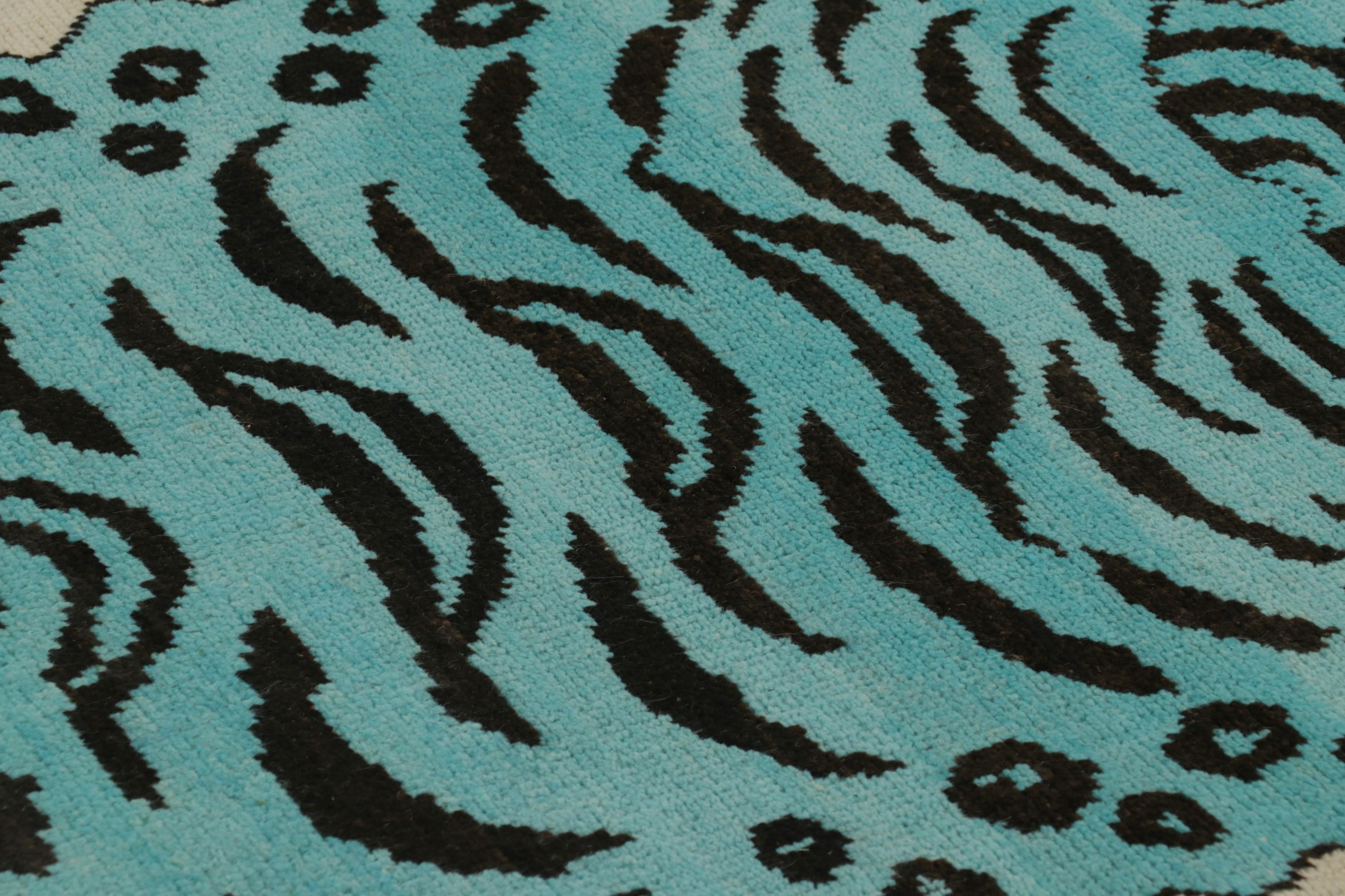 Rug & Kilim’s Tiger Skin Rug in Beige with Blue and Black Pictorial In New Condition For Sale In Long Island City, NY