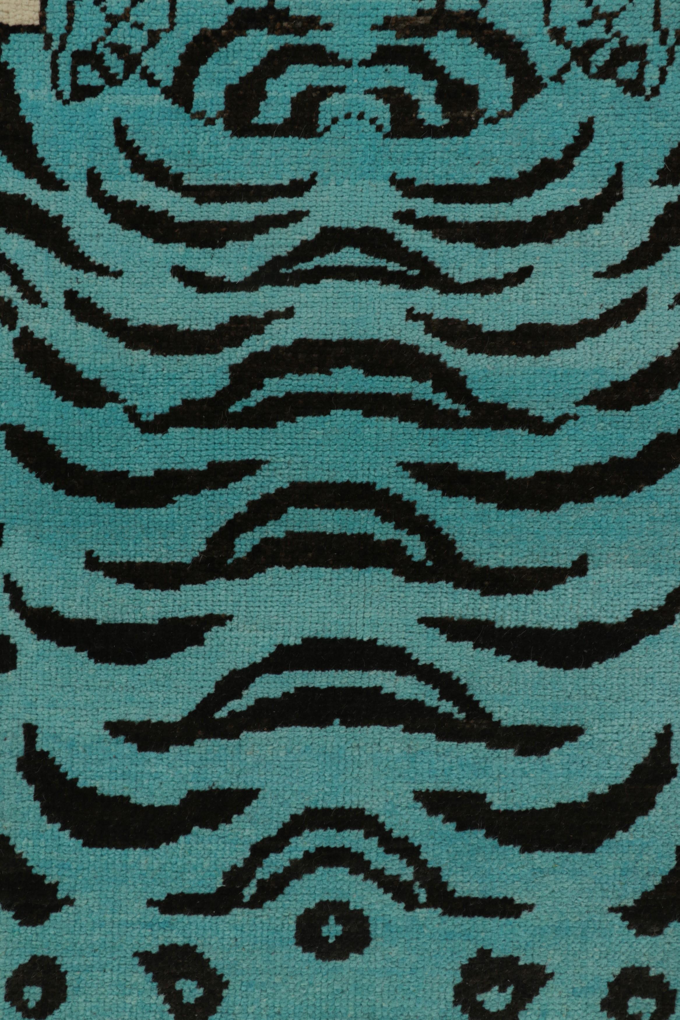 Contemporary Rug & Kilim’s Tiger Skin Rug in Beige with Blue and Black Pictorial For Sale