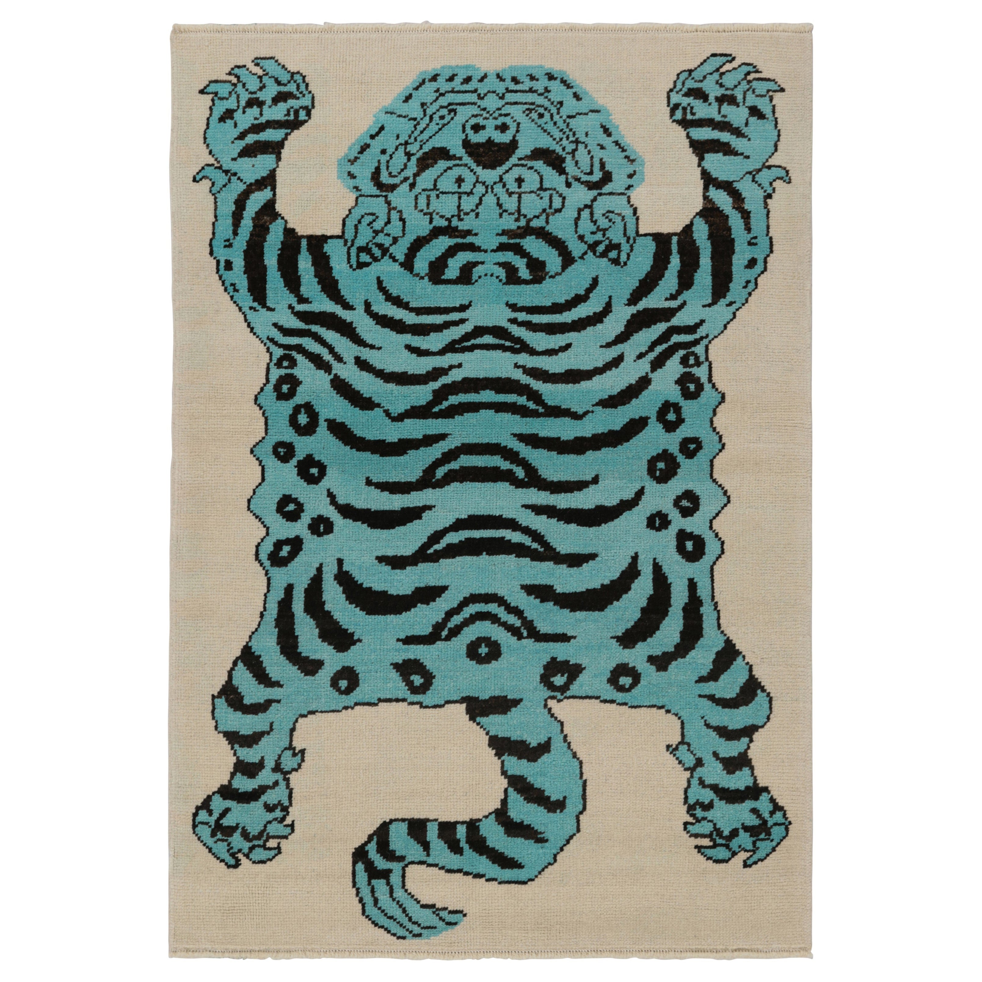 Rug & Kilim’s Tiger Skin Rug in Beige with Blue and Black Pictorial For Sale