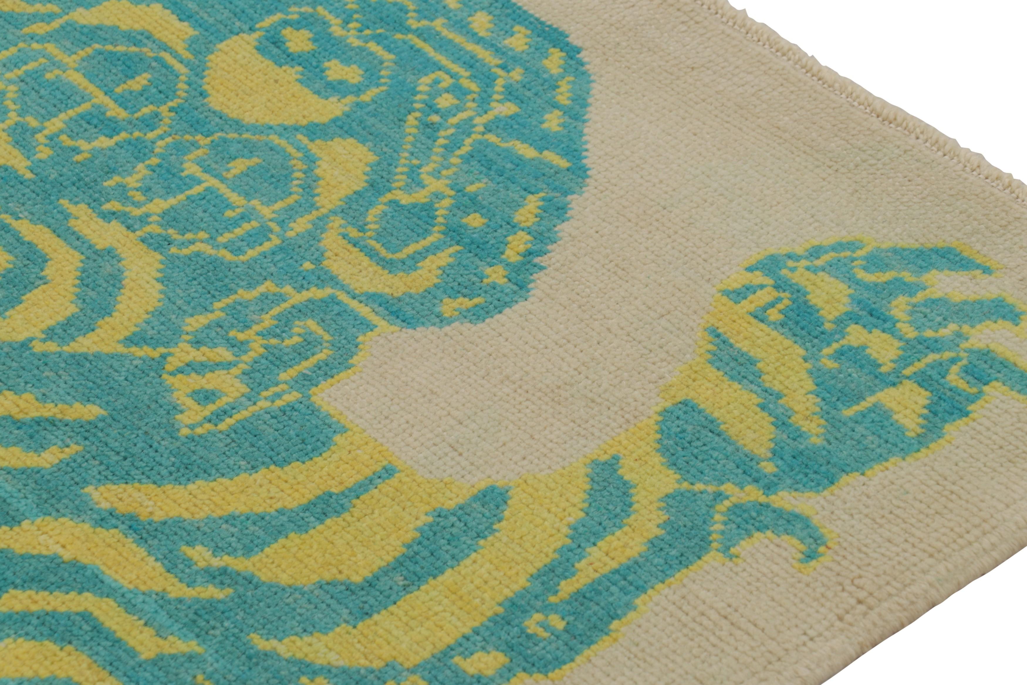 Modern Rug & Kilim’s Tiger Skin Rug in Beige with Blue and Yellow Pictorial For Sale