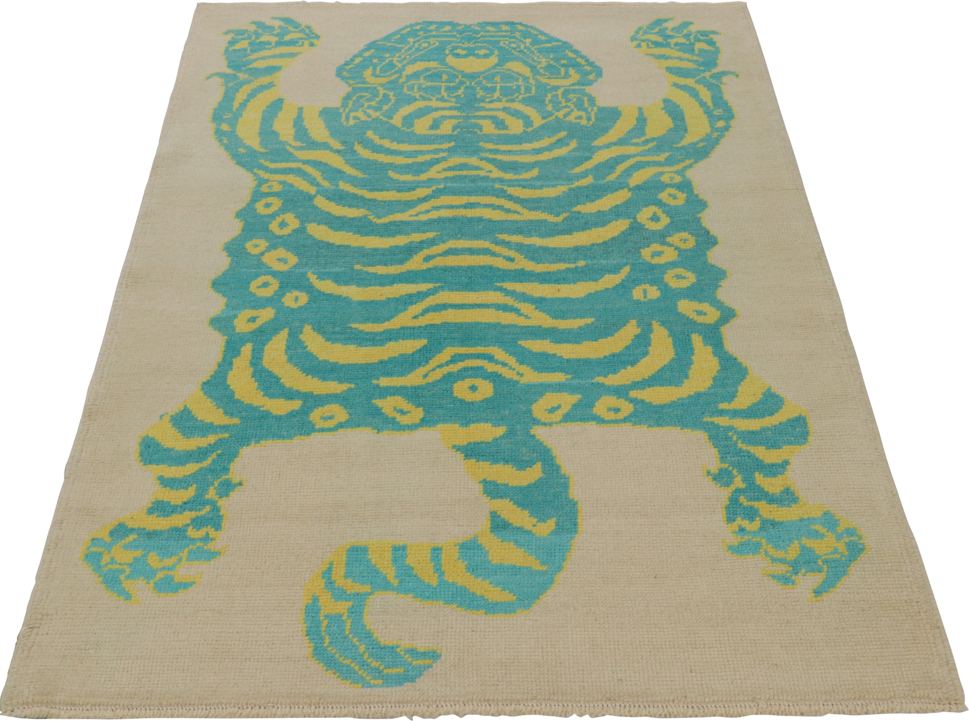Turkish Rug & Kilim’s Tiger Skin Rug in Beige with Blue and Yellow Pictorial For Sale