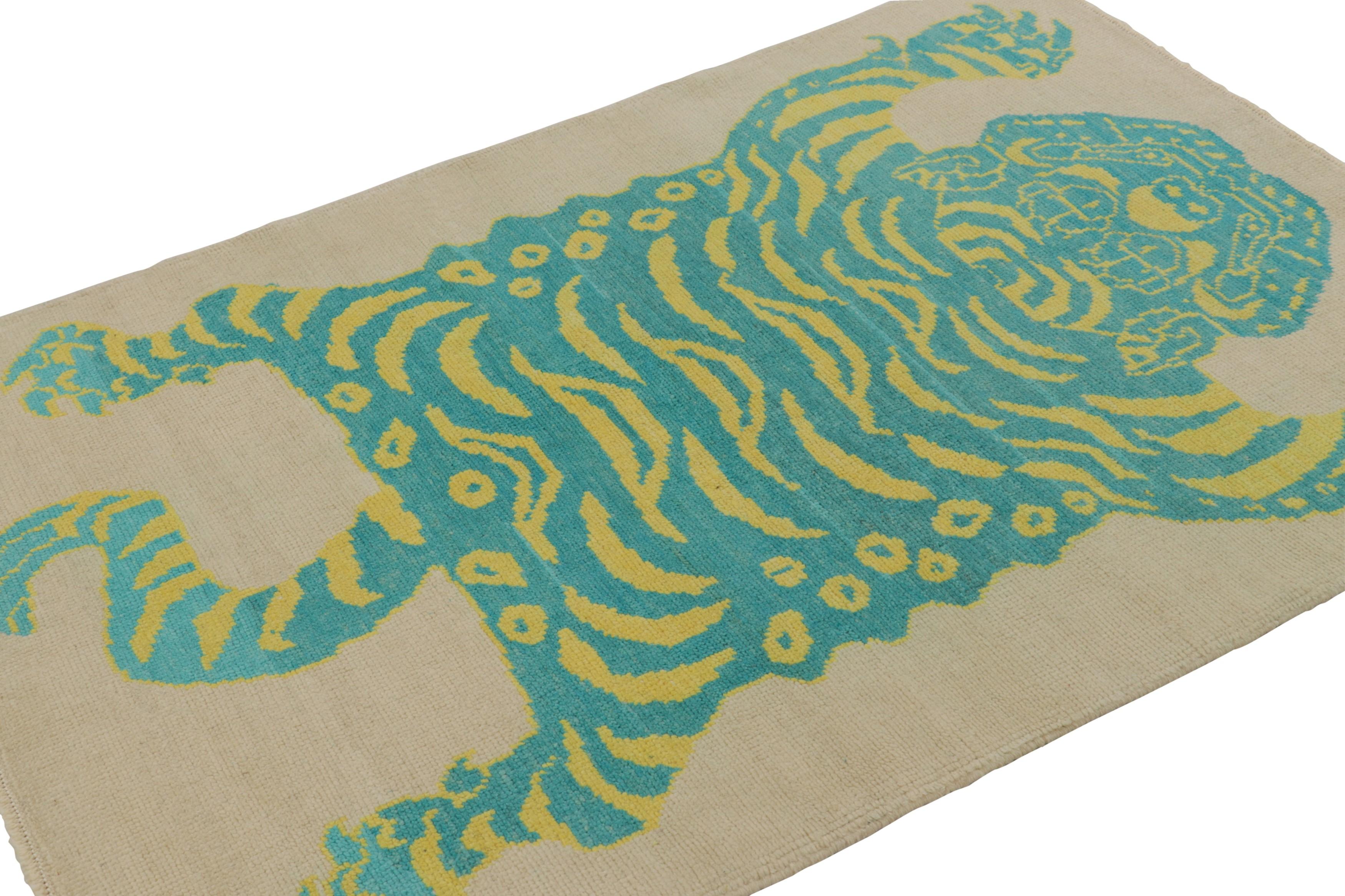 Hand-Knotted Rug & Kilim’s Tiger Skin Rug in Beige with Blue and Yellow Pictorial For Sale