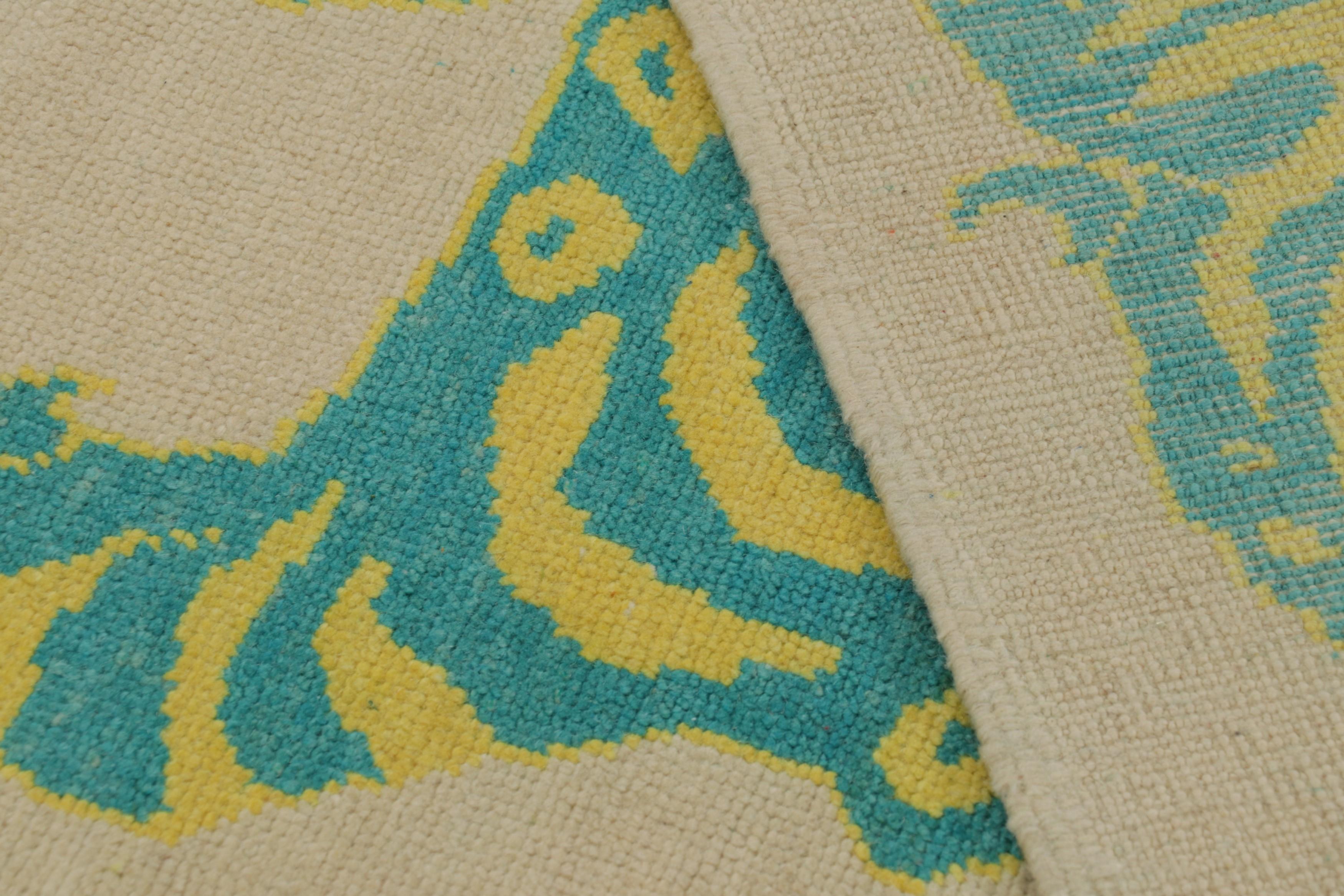 Rug & Kilim’s Tiger Skin Rug in Beige with Blue and Yellow Pictorial For Sale 1
