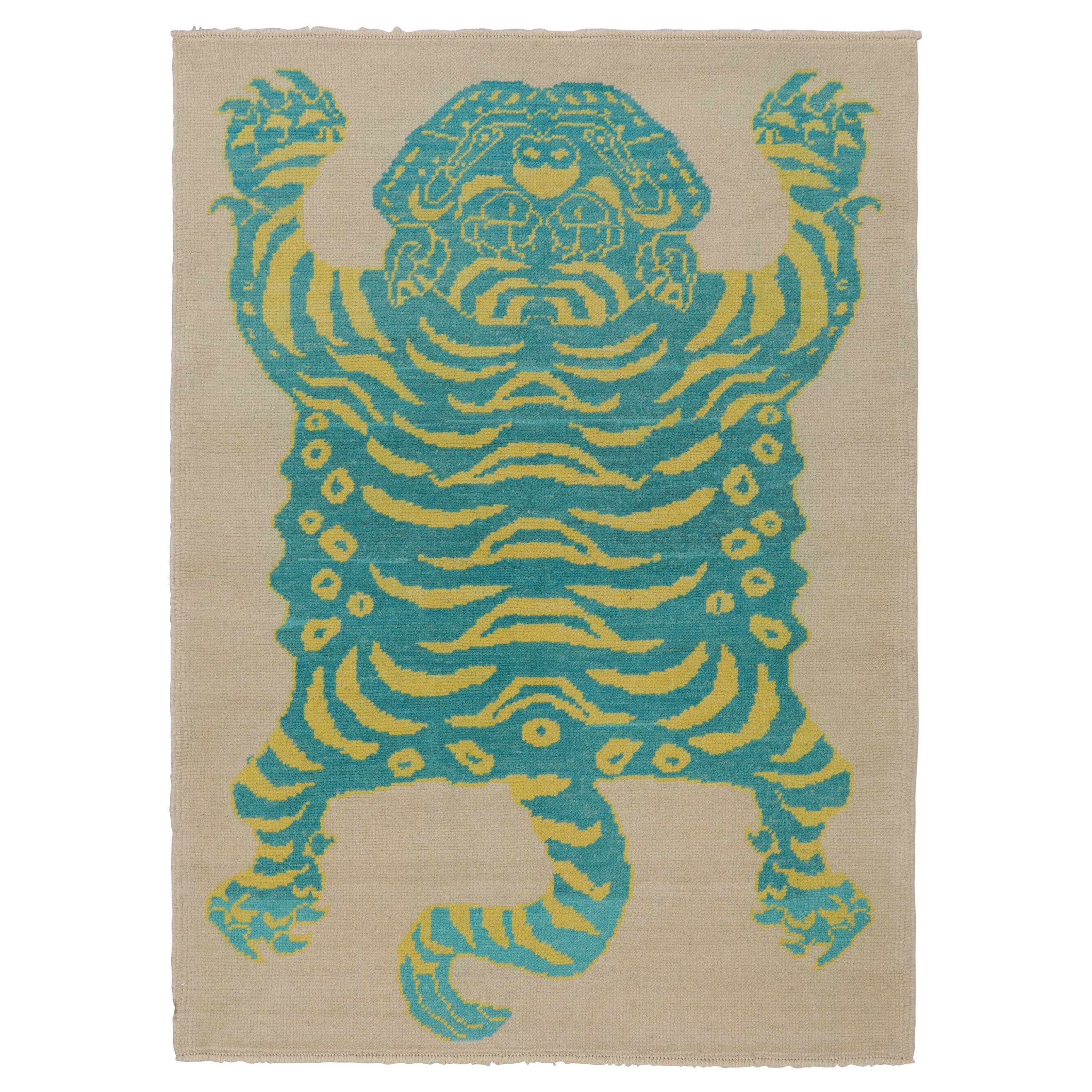 Rug & Kilim’s Tiger Skin Rug in Beige with Blue and Yellow Pictorial