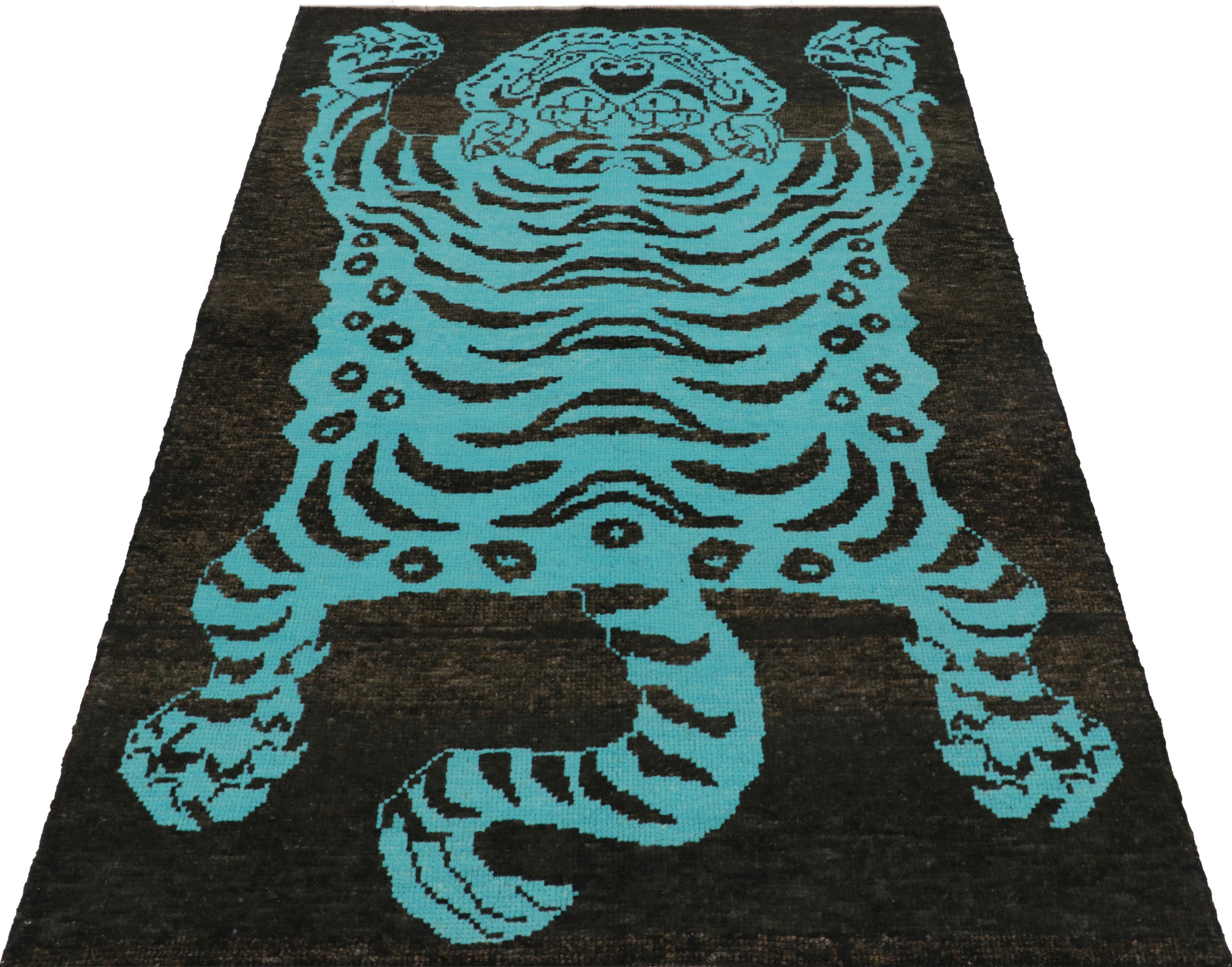 Turkish Rug & Kilim’s Tiger Skin Rug in Black, Brown and Blue Pictorial For Sale