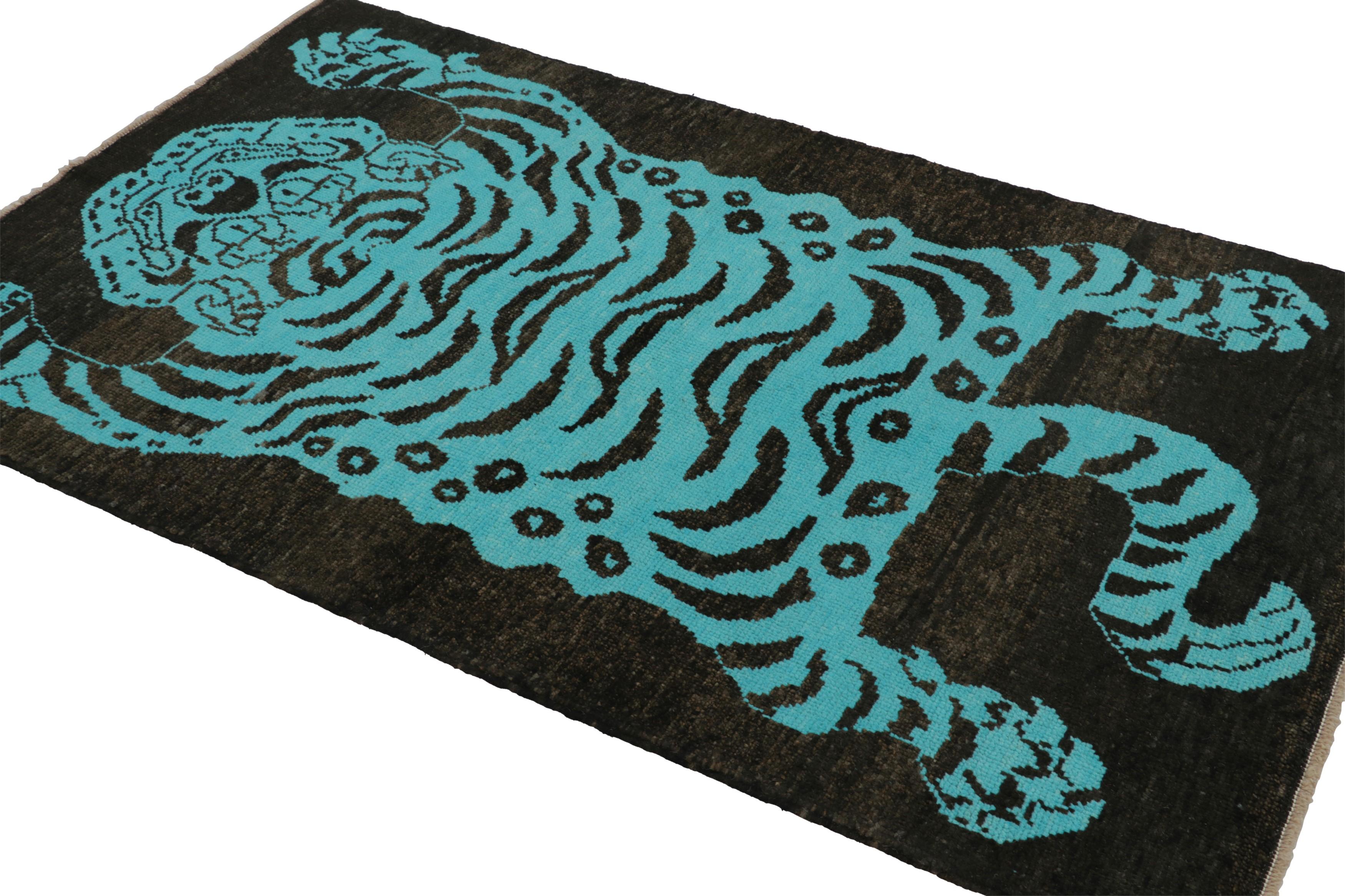 Hand-Knotted Rug & Kilim’s Tiger Skin Rug in Black, Brown and Blue Pictorial For Sale