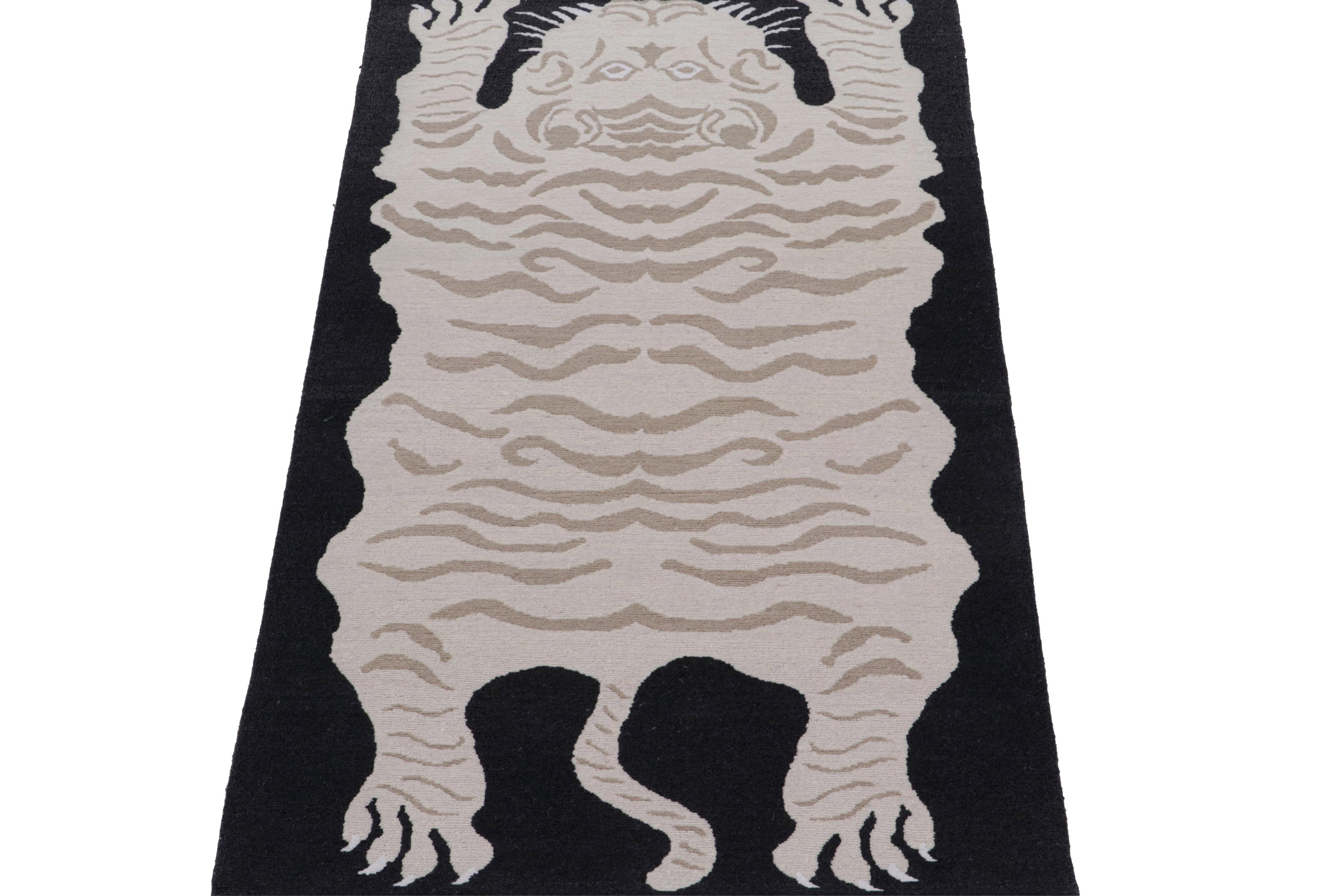 Nepalese Rug & Kilim’s Tiger-Skin Rug in Black with Cream & Brown Pictorial For Sale