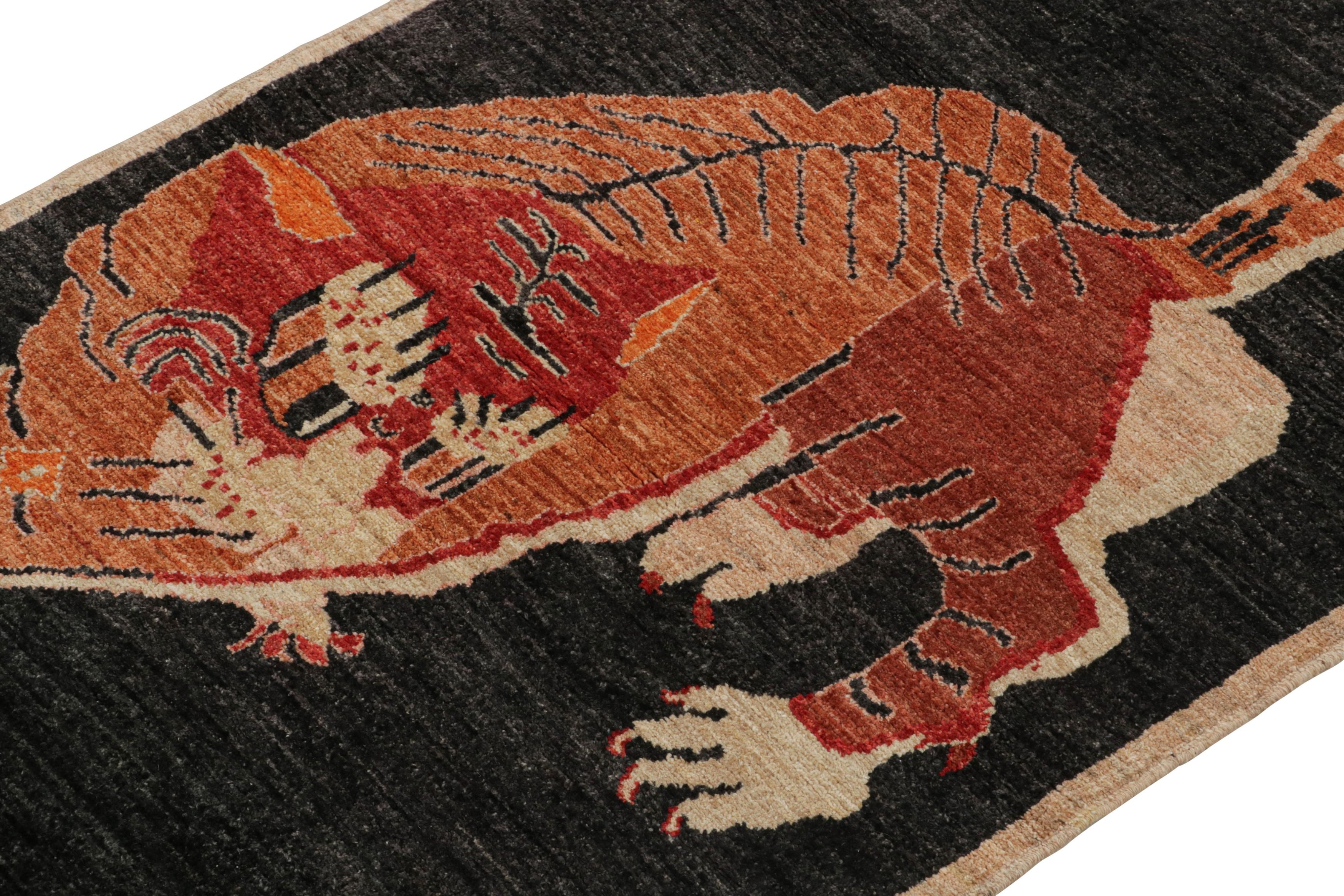 Afghan Rug & Kilim’s Tiger-Skin Rug in Black with Red-Orange Pictorial For Sale