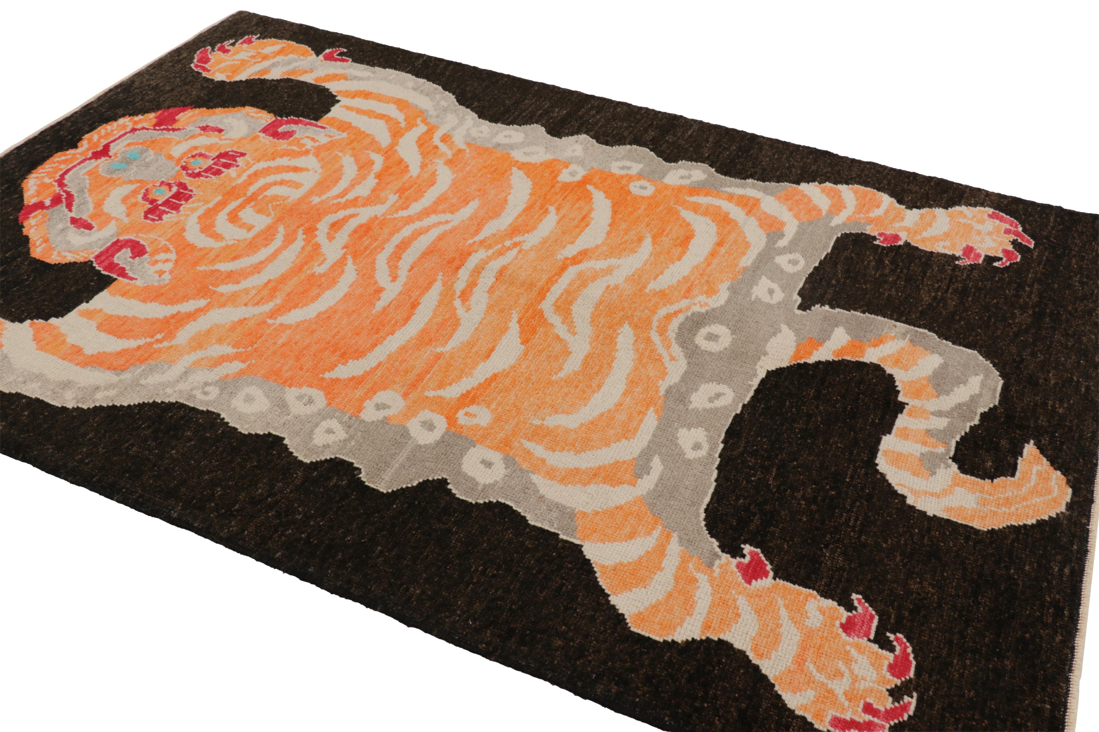 Hand-Knotted Rug & Kilim’s Tiger Skin Rug in Black with Rust, Gray and Red Pictorial For Sale