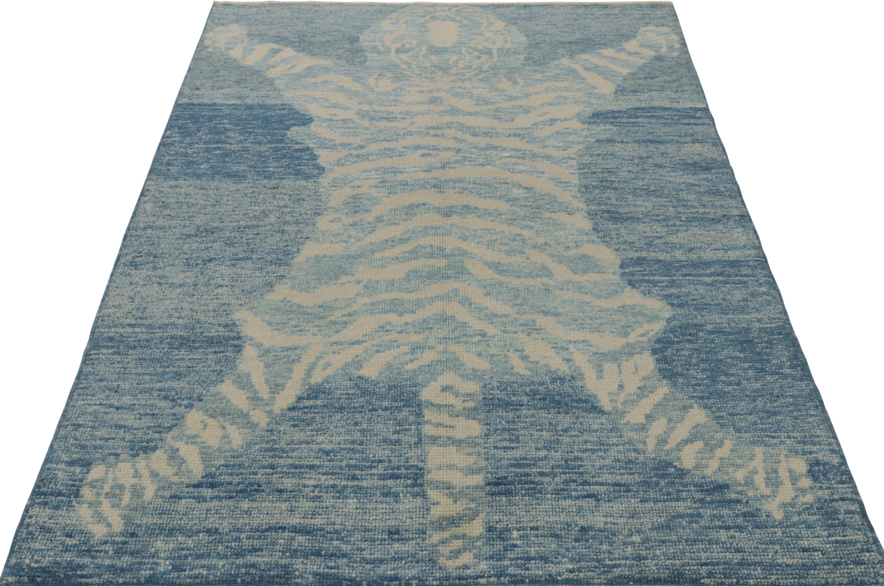 Turkish Rug & Kilim’s Tiger Skin Rug in Blue and Gray with Beige and Cream Pictorial For Sale