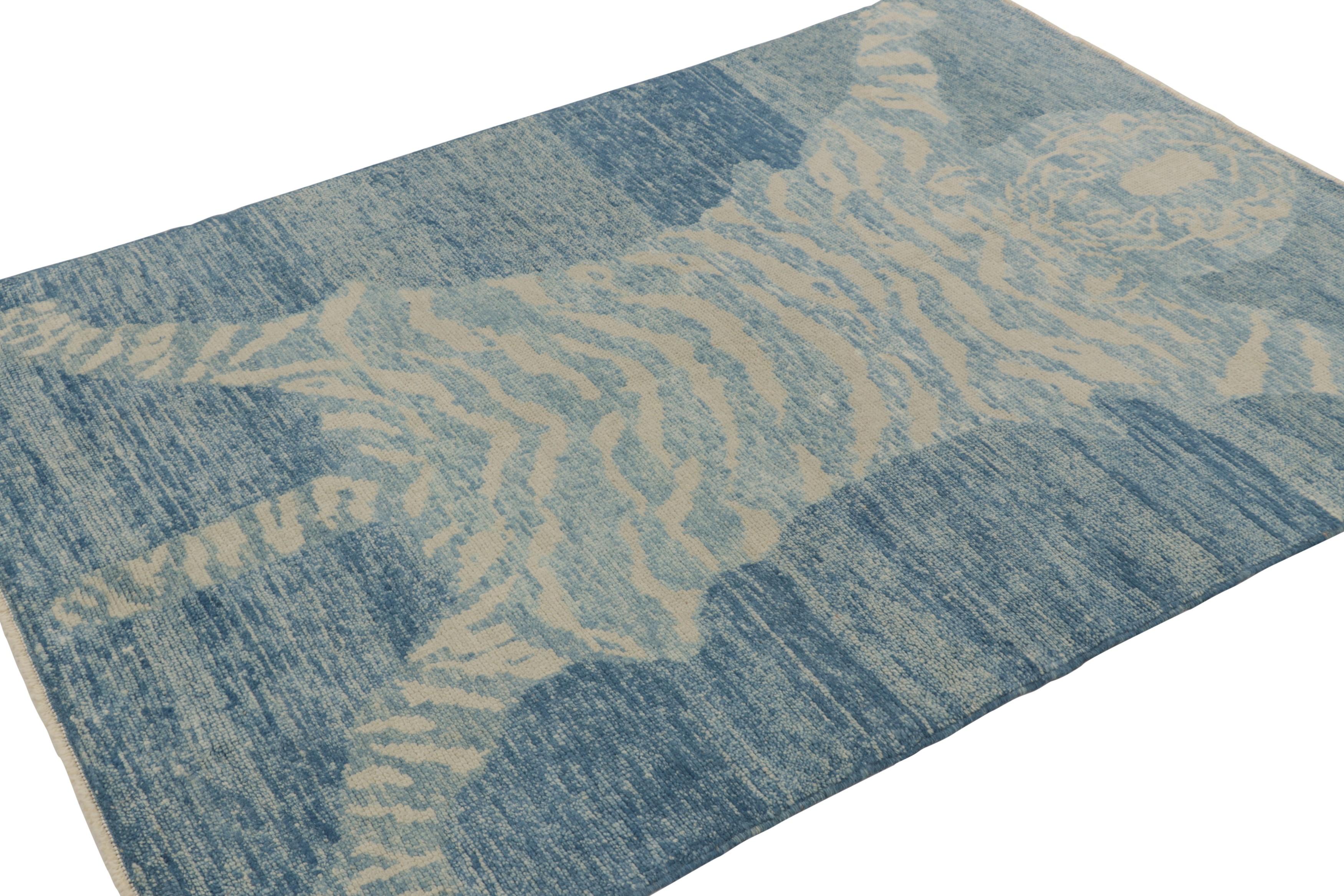 Hand-Knotted Rug & Kilim’s Tiger Skin Rug in Blue and Gray with Beige and Cream Pictorial For Sale