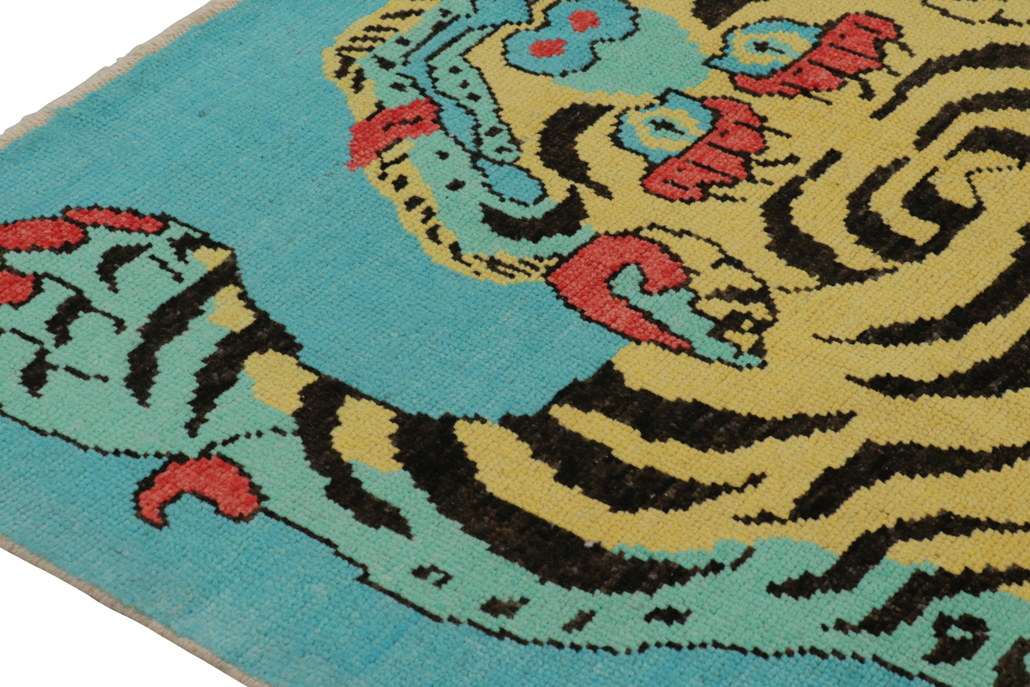 Modern Rug & Kilim’s Tiger Skin Rug in Blue with Gold, Red and Black Pictorial For Sale