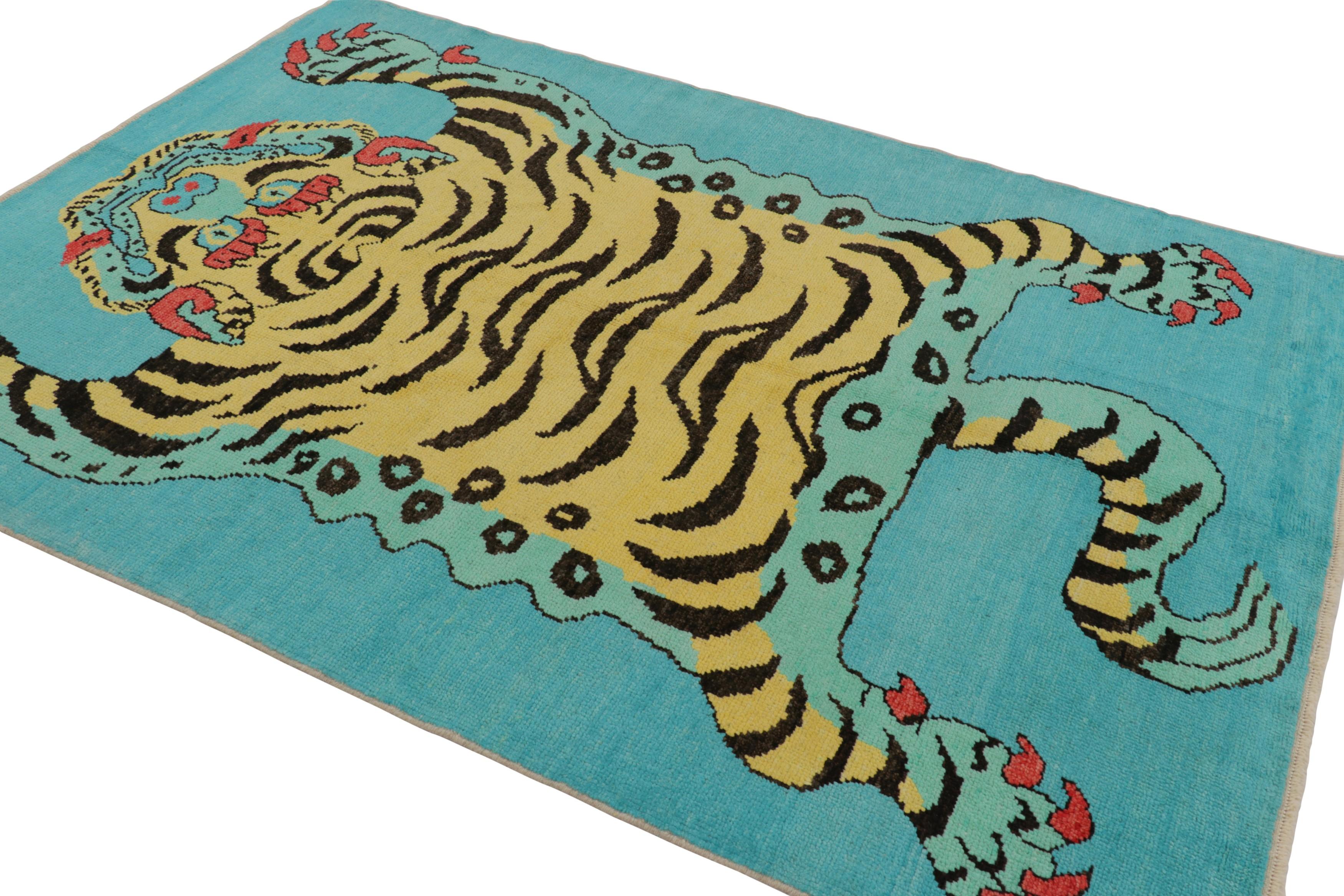 Turkish Rug & Kilim’s Tiger Skin Rug in Blue with Gold, Red and Black Pictorial For Sale