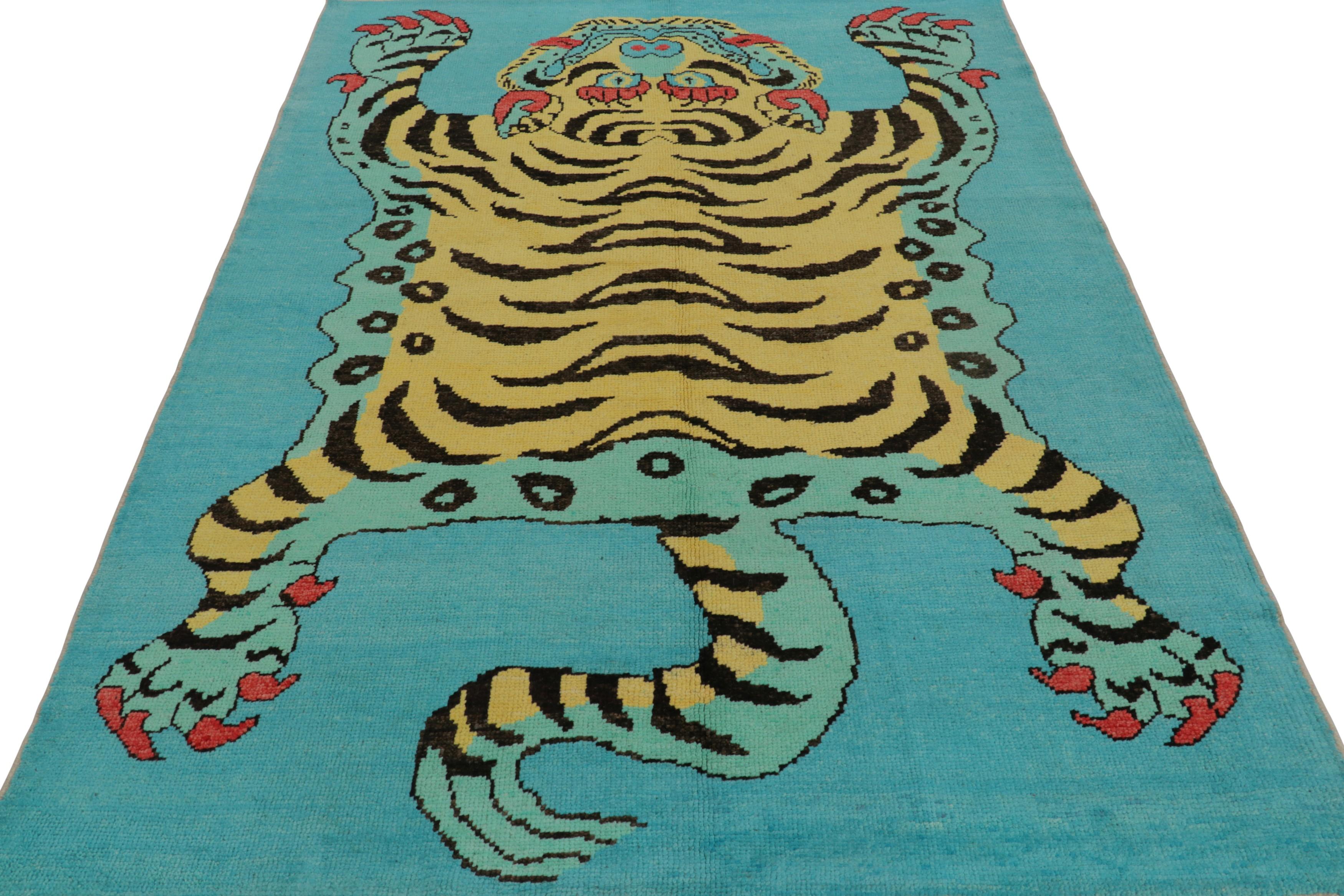 Hand-Knotted Rug & Kilim’s Tiger Skin Rug in Blue with Gold, Red and Black Pictorial For Sale