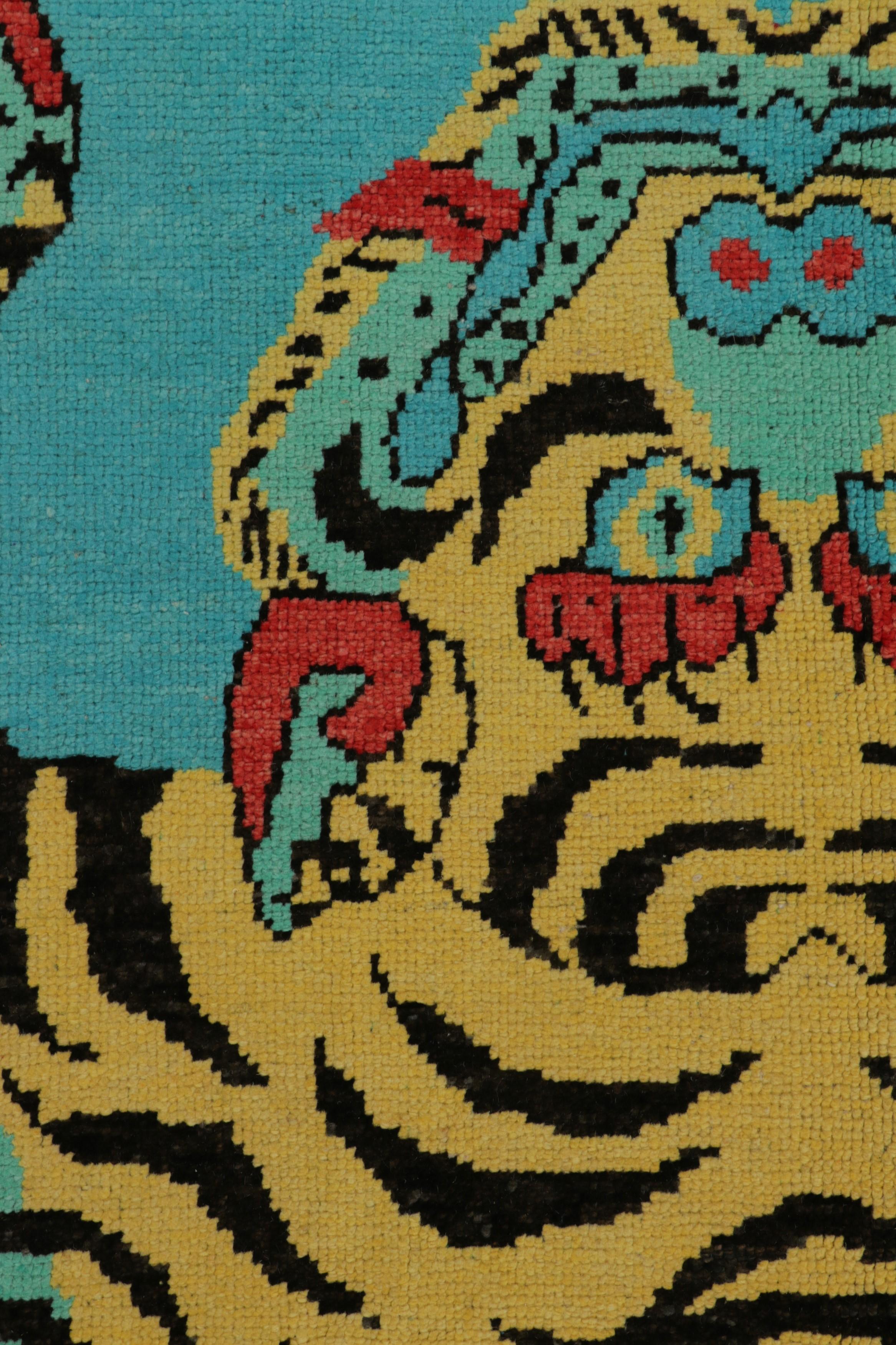 Rug & Kilim’s Tiger Skin Rug in Blue with Gold, Red and Black Pictorial In New Condition For Sale In Long Island City, NY