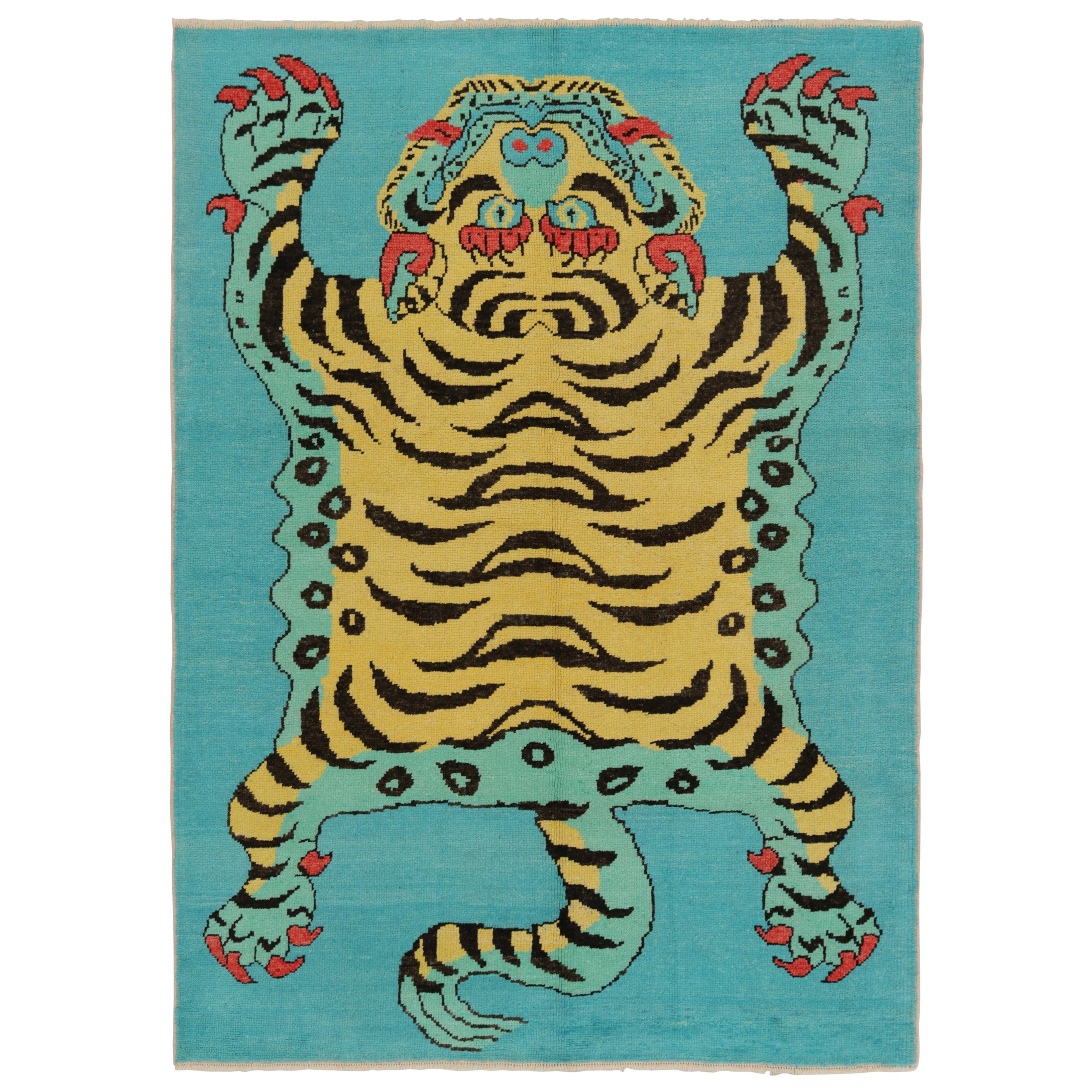 Rug & Kilim’s Tiger Skin Rug in Blue with Gold, Red and Black Pictorial