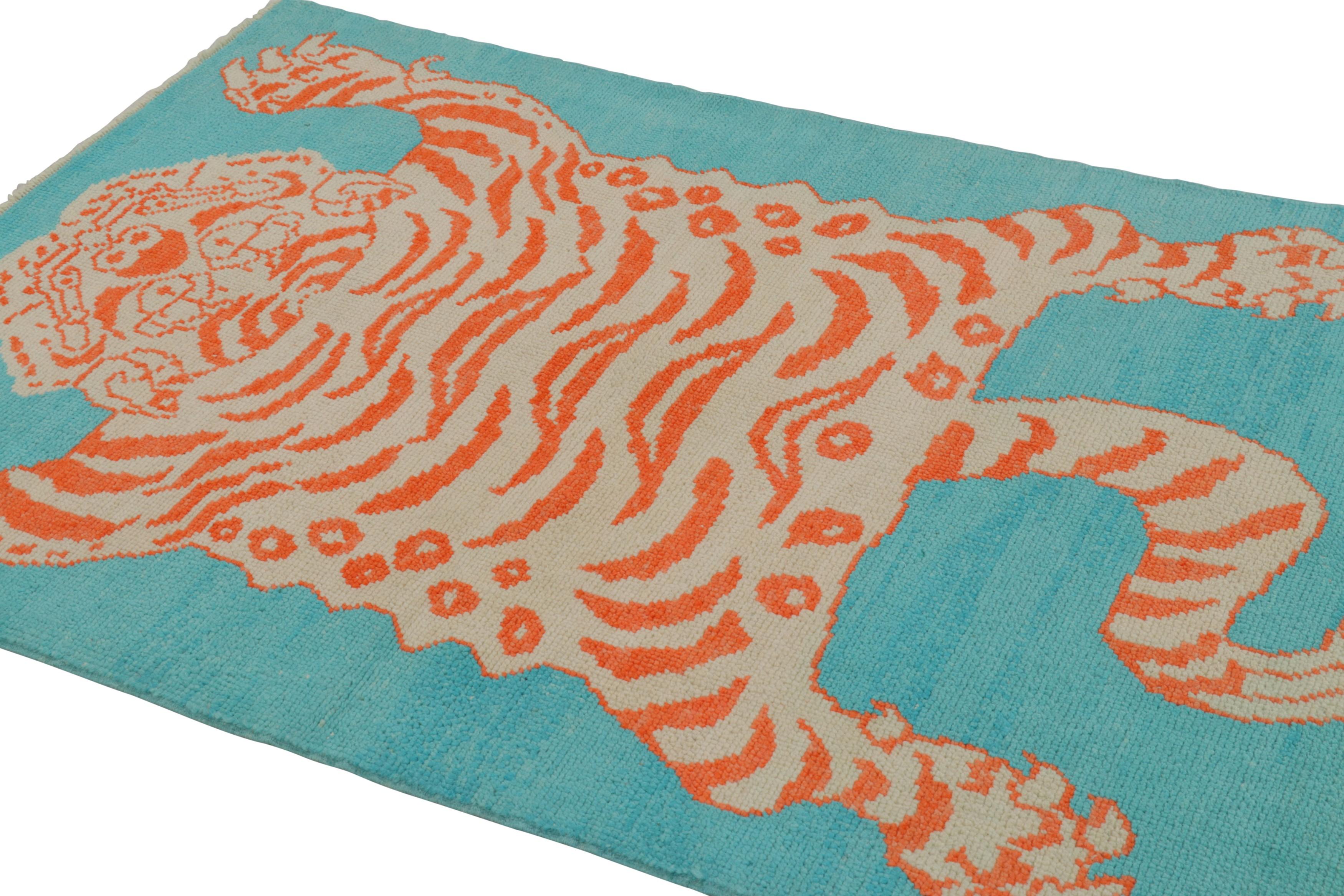 Hand-Knotted Rug & Kilim’s Tiger Skin Rug in Blue with Rust and Gray Pictorial For Sale