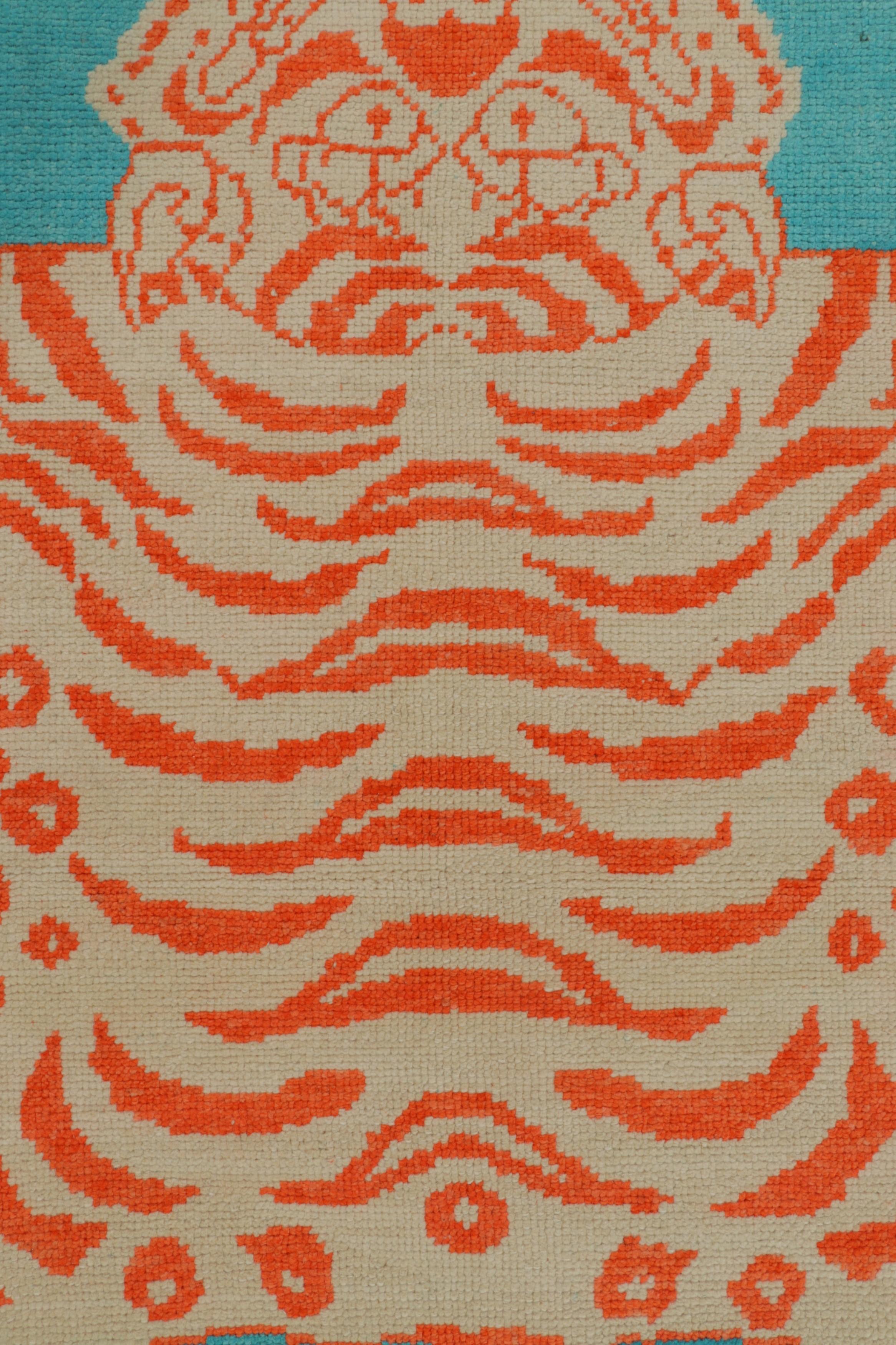 Wool Rug & Kilim’s Tiger Skin Rug in Blue with Rust and Gray Pictorial For Sale