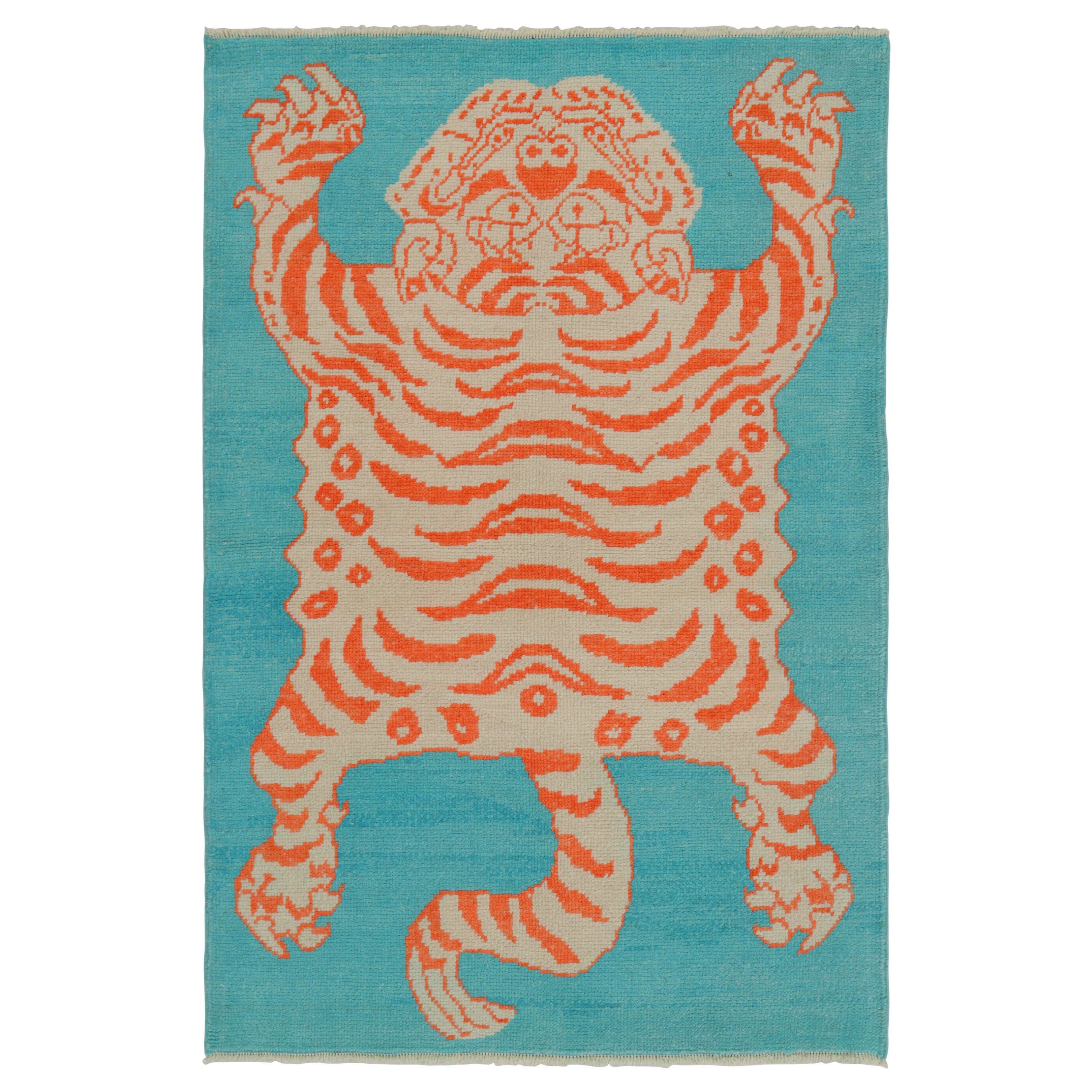 Rug & Kilim’s Tiger Skin Rug in Blue with Rust and Gray Pictorial