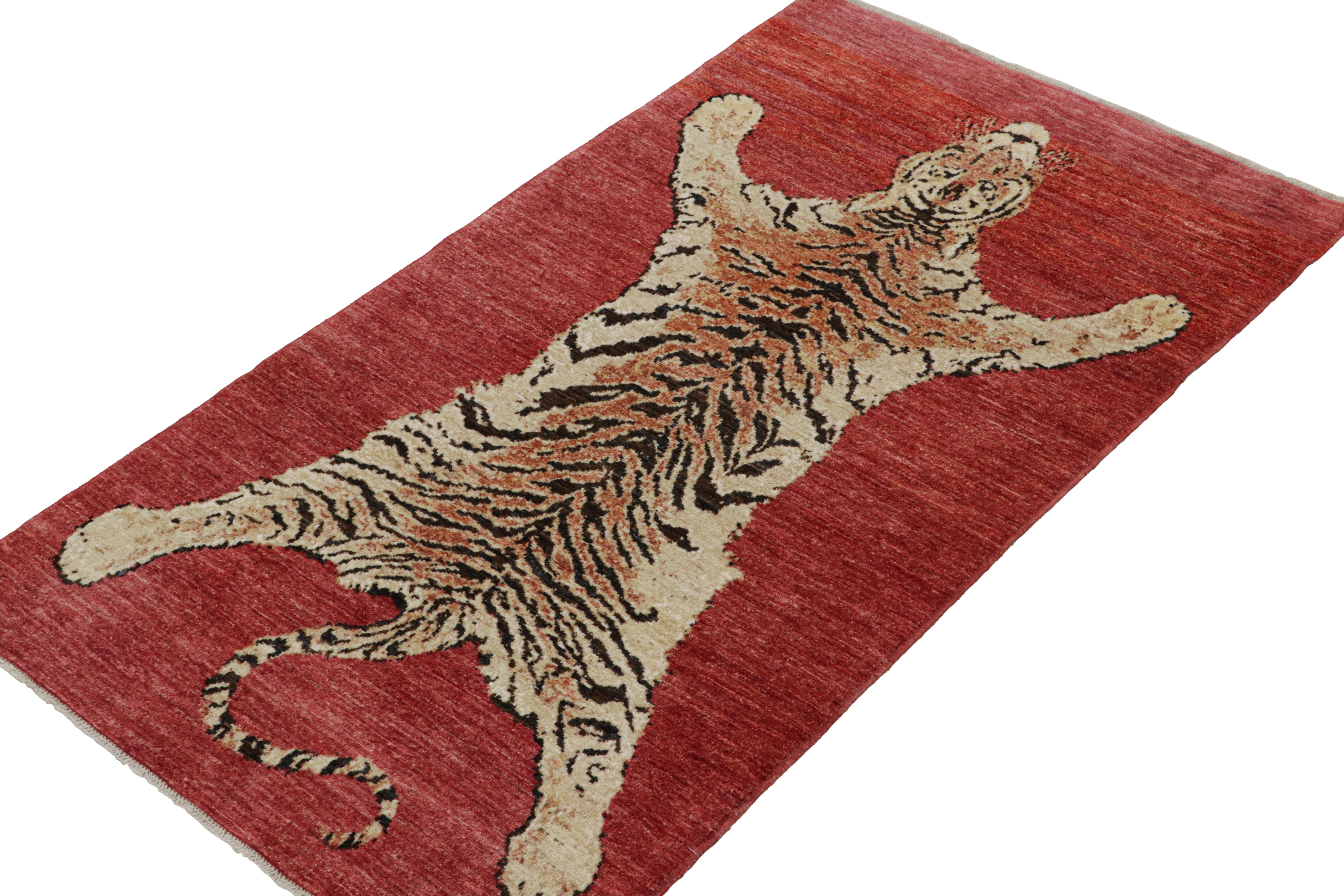 Afghan Rug & Kilim’s Tiger-Skin Rug in Red with Beige-Brown Pictorial For Sale