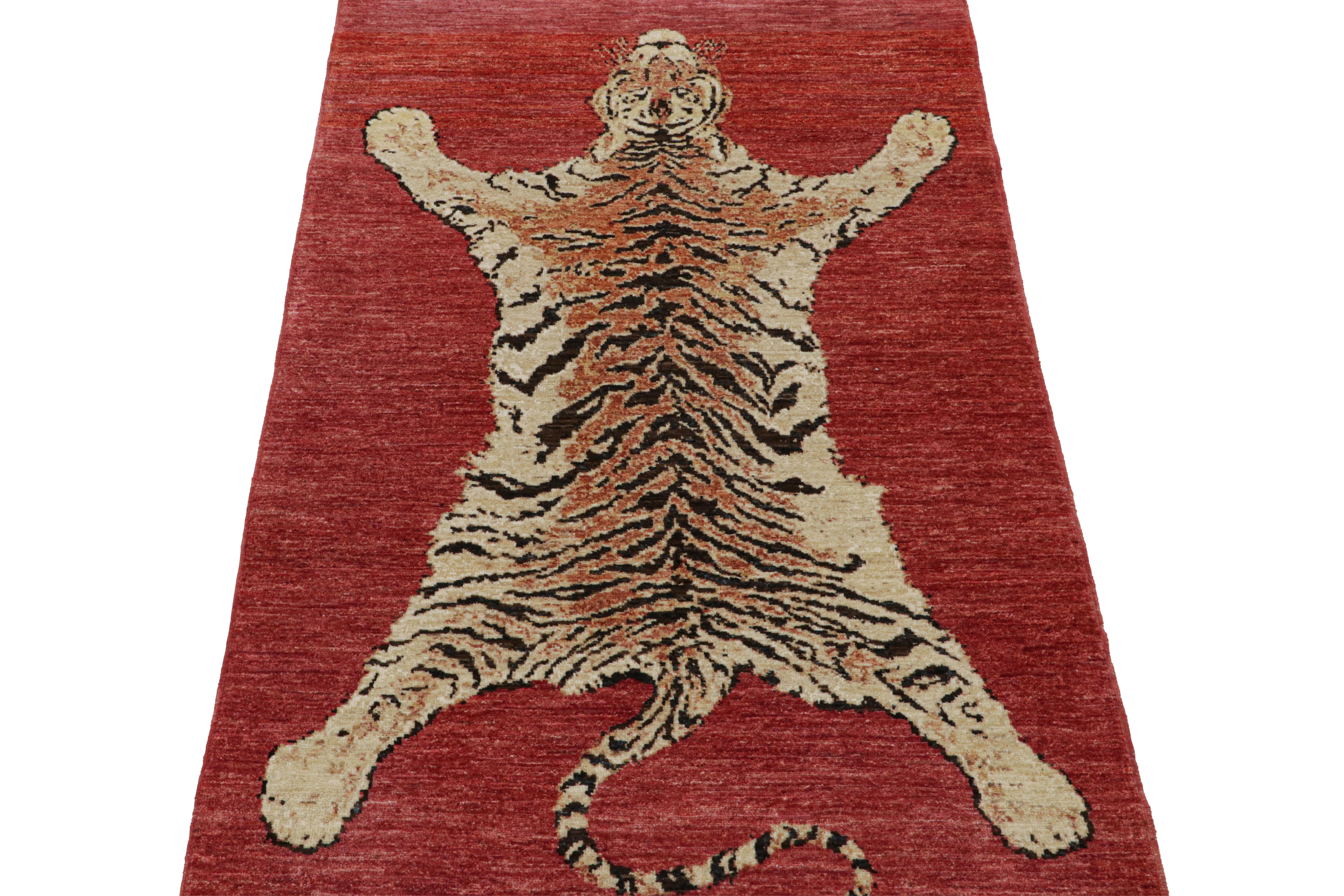Hand-Knotted Rug & Kilim’s Tiger-Skin Rug in Red with Beige-Brown Pictorial For Sale