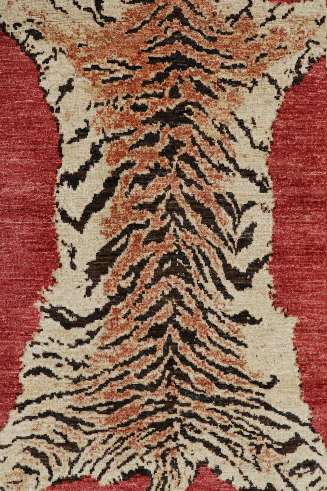 Rug & Kilim’s Tiger-Skin Rug in Red with Beige-Brown Pictorial In New Condition For Sale In Long Island City, NY