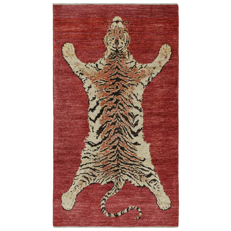 Rug and Kilim’s Tiger-Skin Rug in White with Blue and Red Pictorial For ...